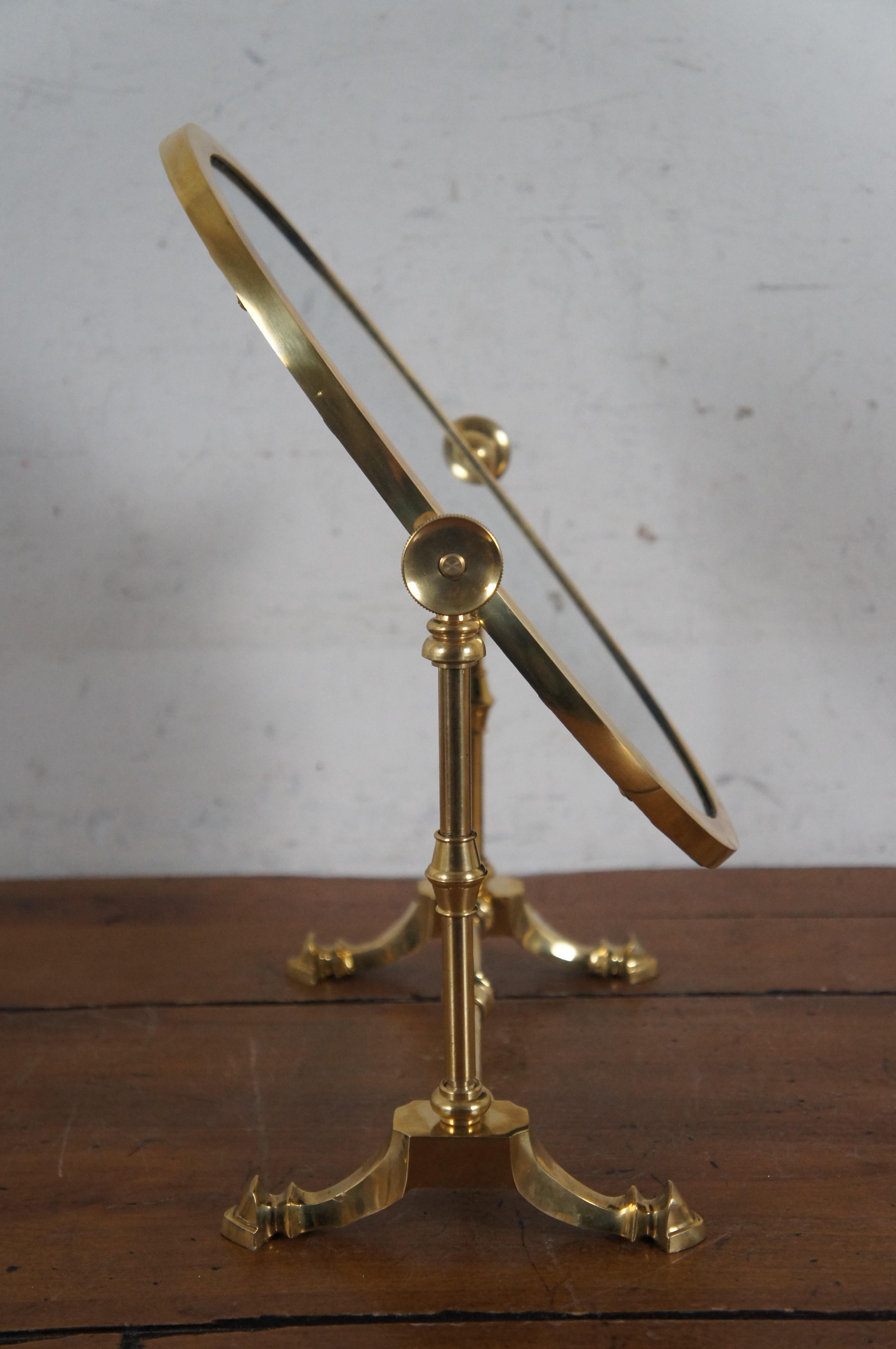 20th Century Vintage English Brass Oval Tabletop Vanity Shaving Mirror Tilting Swivel MCM