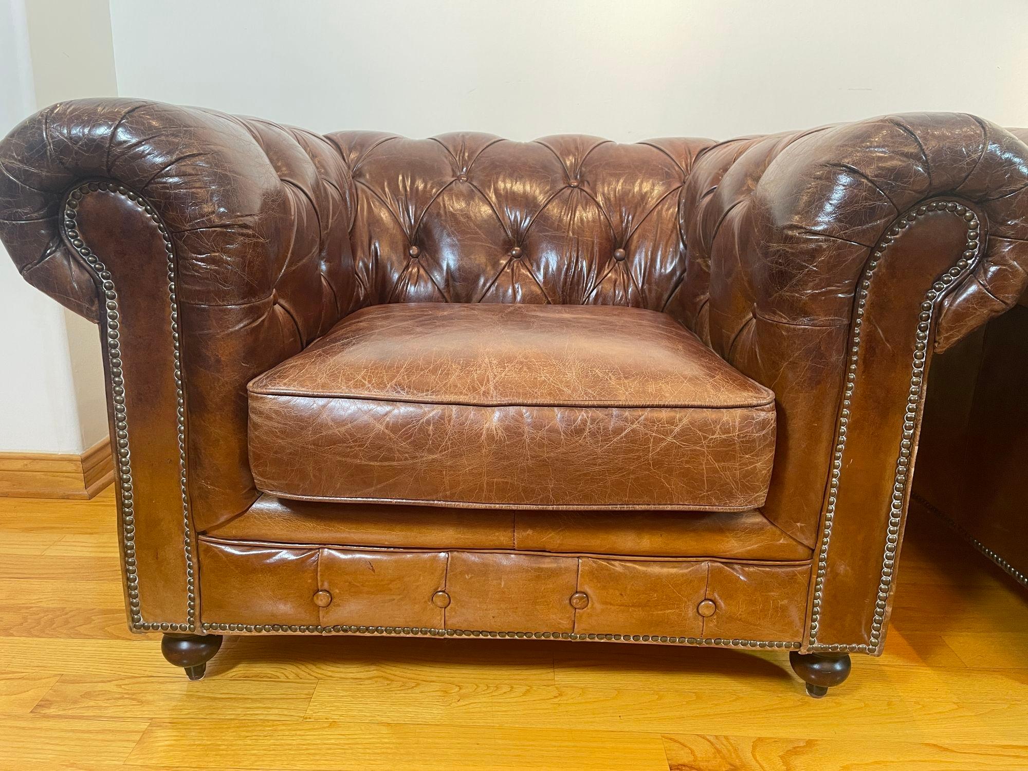 Vintage English Brown Leather Tufted Chesterfield Club Armchairs a Pair For Sale 9