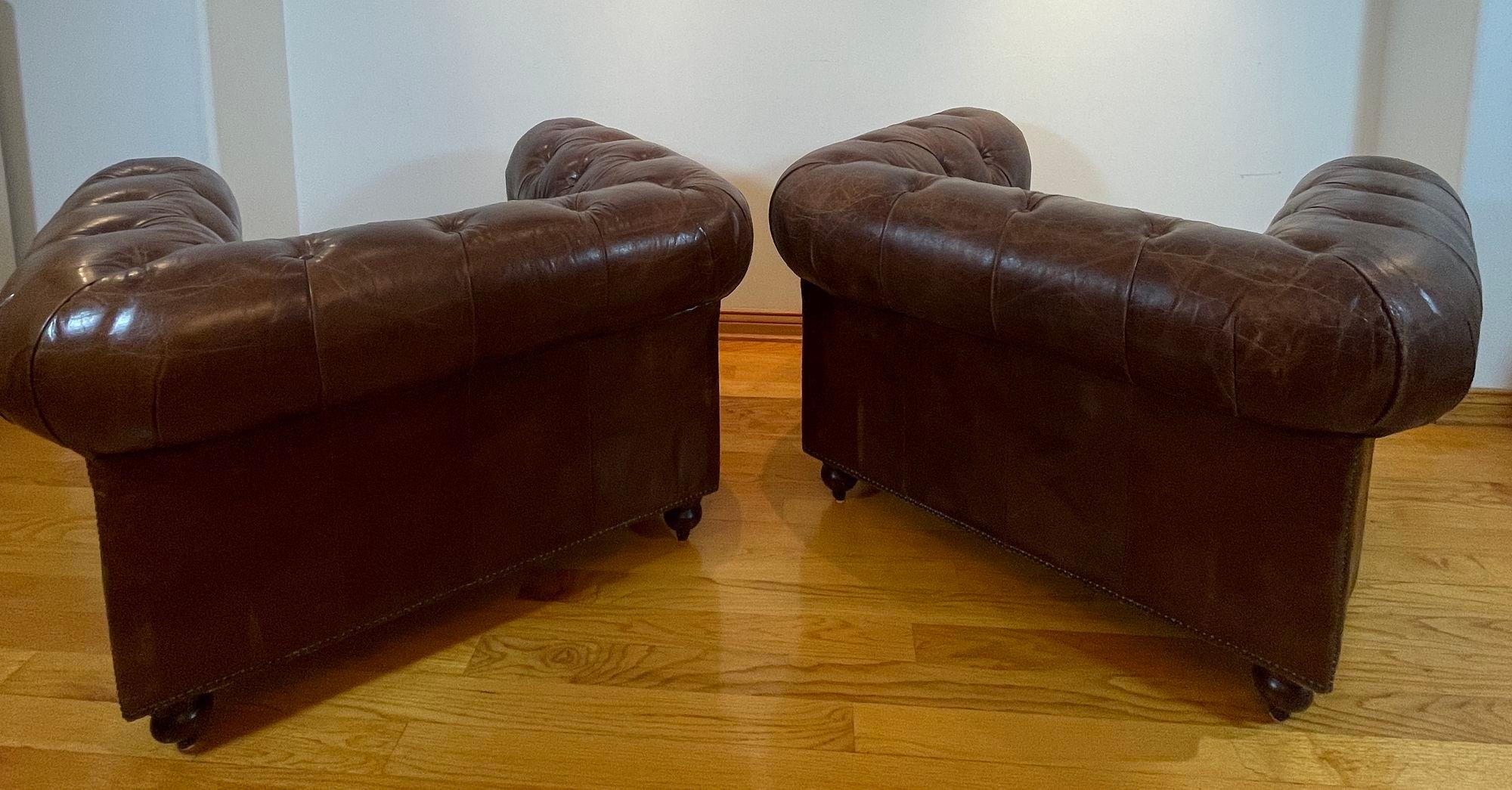 Vintage English Brown Leather Tufted Chesterfield Club Armchairs a Pair For Sale 13