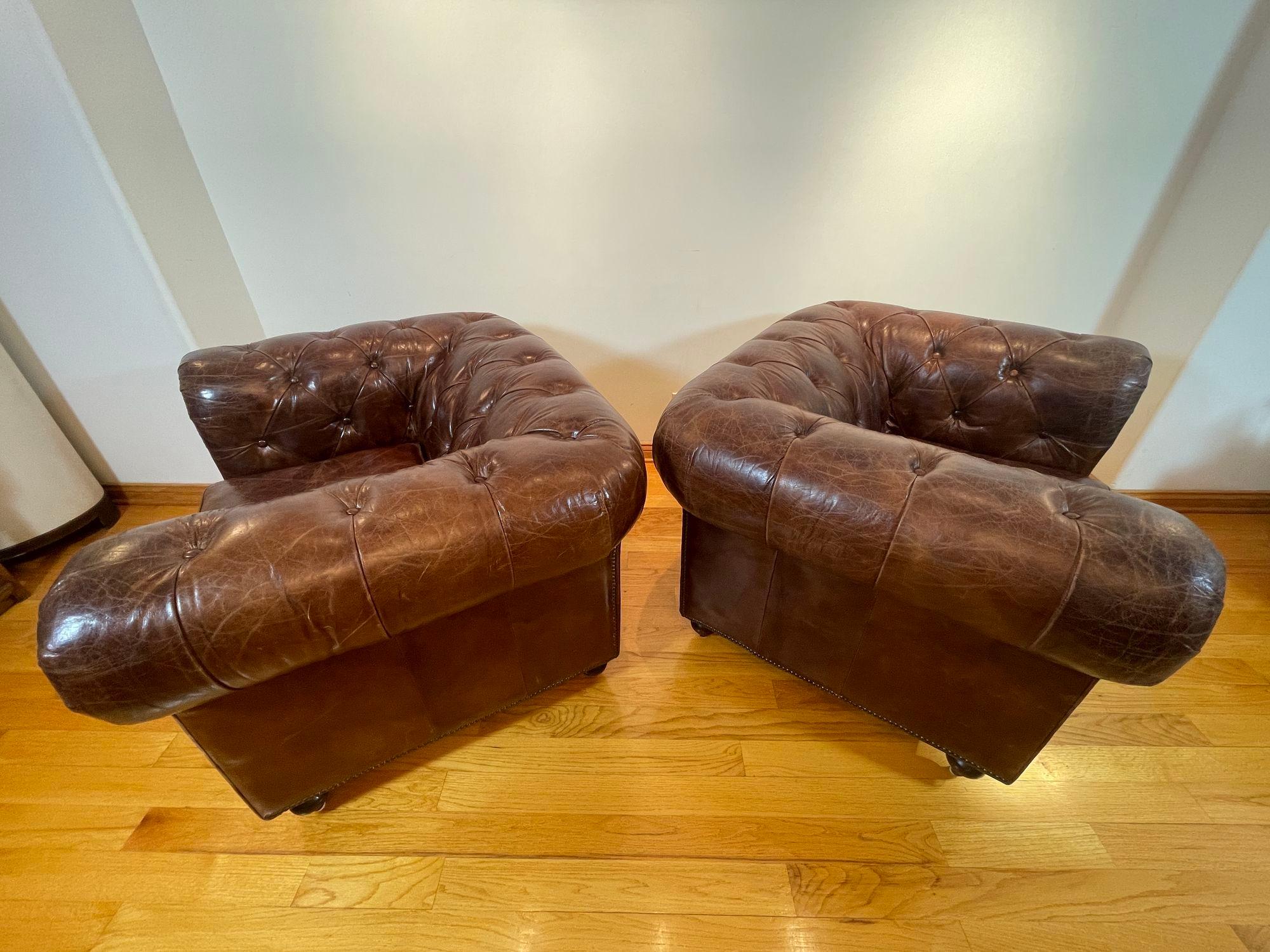 Vintage English Brown Leather Tufted Chesterfield Club Armchairs a Pair For Sale 14
