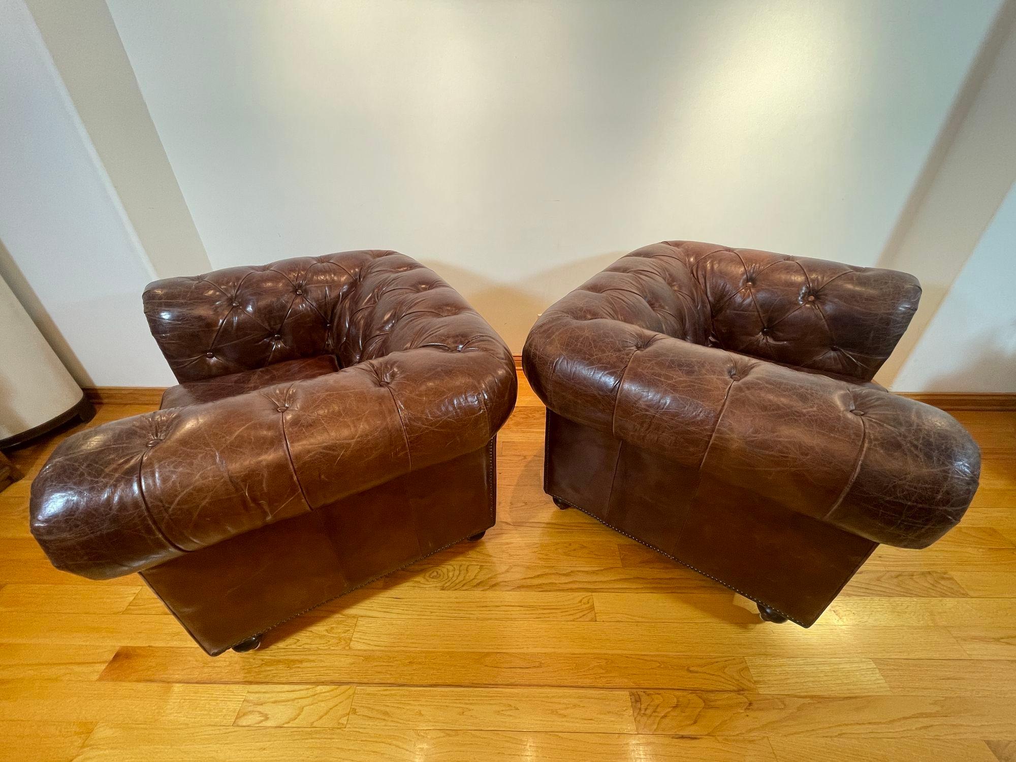 Vintage English Brown Leather Tufted Chesterfield Club Armchairs a Pair 14