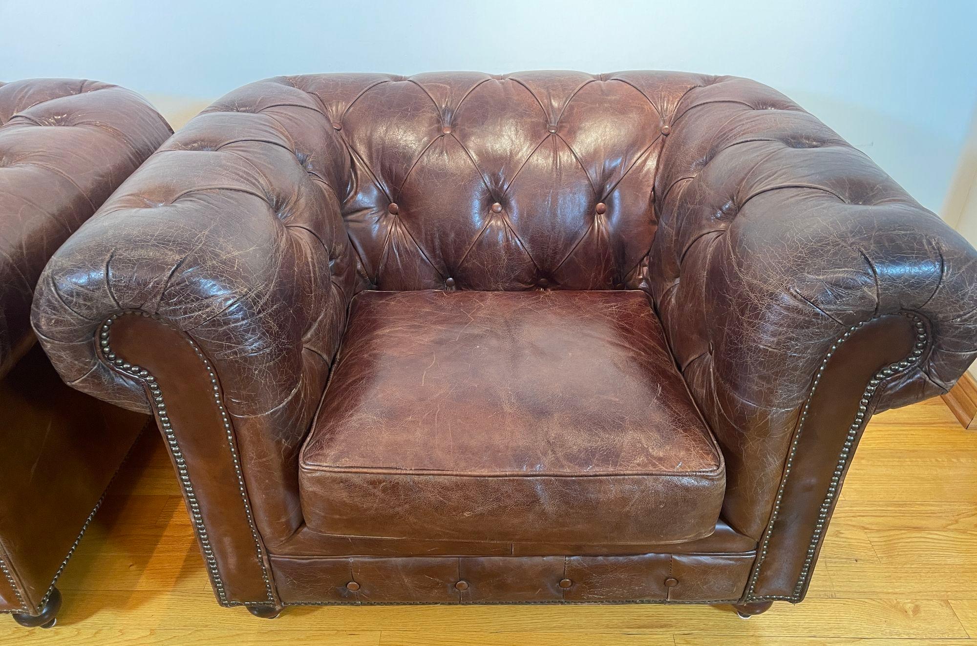 Victorian Vintage English Brown Leather Tufted Chesterfield Club Armchairs a Pair For Sale