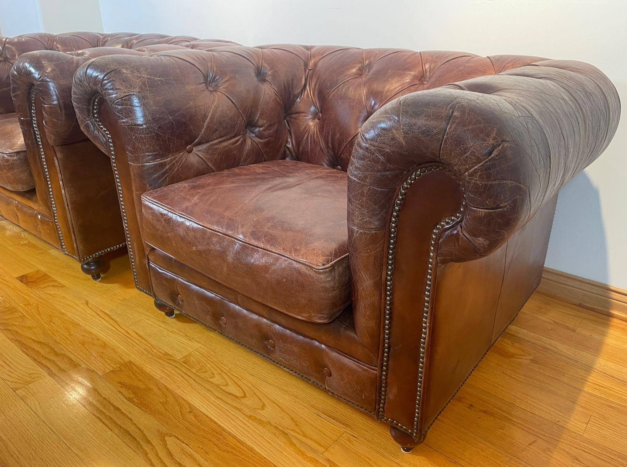 Hand-Crafted Vintage English Brown Leather Tufted Chesterfield Club Armchairs a Pair For Sale