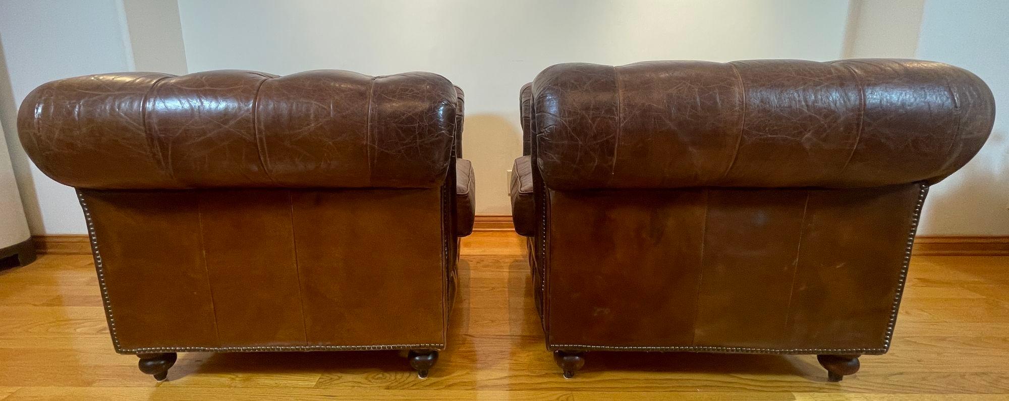 Vintage English Brown Leather Tufted Chesterfield Club Armchairs a Pair For Sale 2