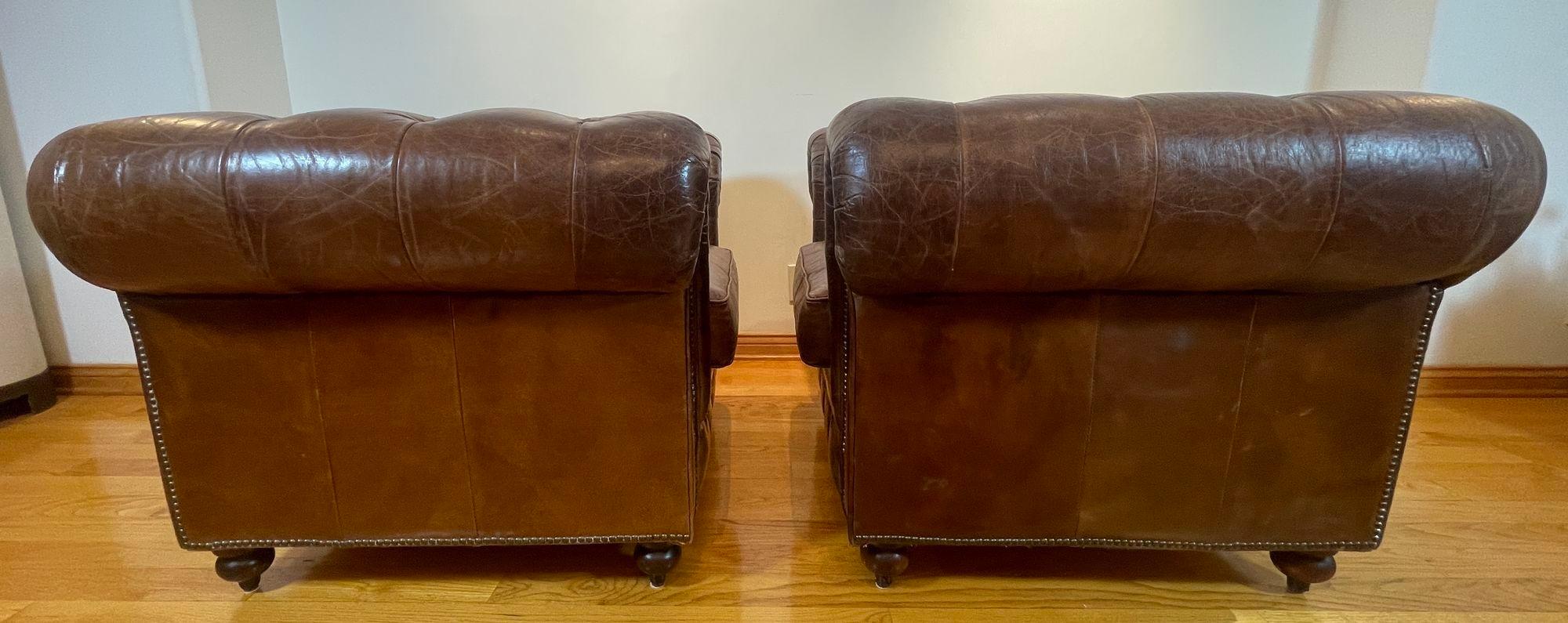 Vintage English Brown Leather Tufted Chesterfield Club Armchairs a Pair 2