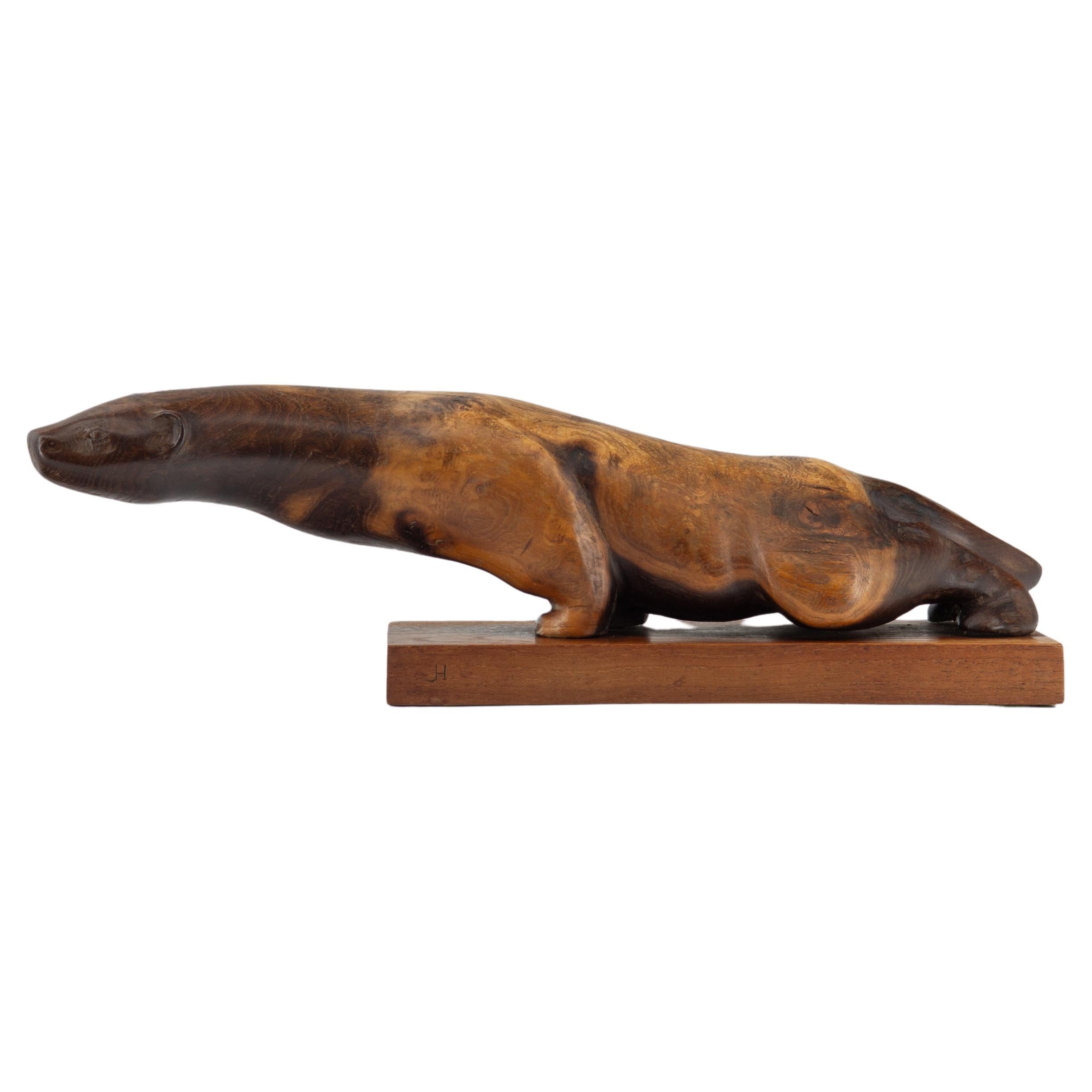 Vintage English Burr Elm Carved Otter Sculpture 1960s For Sale