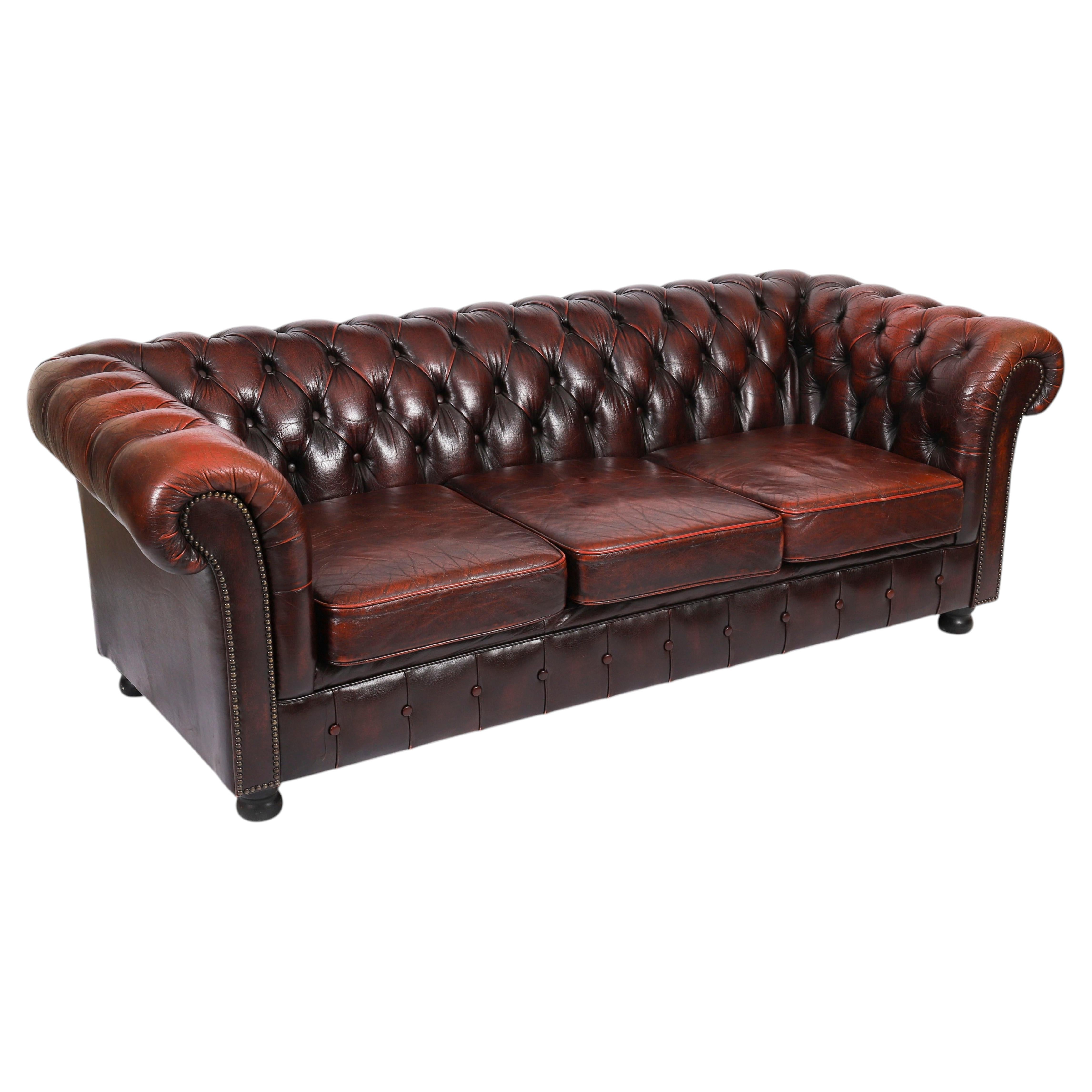 Vintage English Button Back Leather Chesterfield Sofa Mid 20th Century