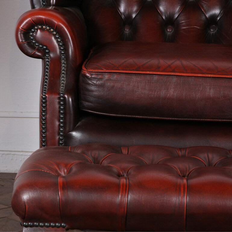 Vintage English Button Tufted Brown Leather Chair and Ottoman 1