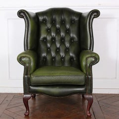Vintage English Button Tufted Green Leather Wing Back Chair