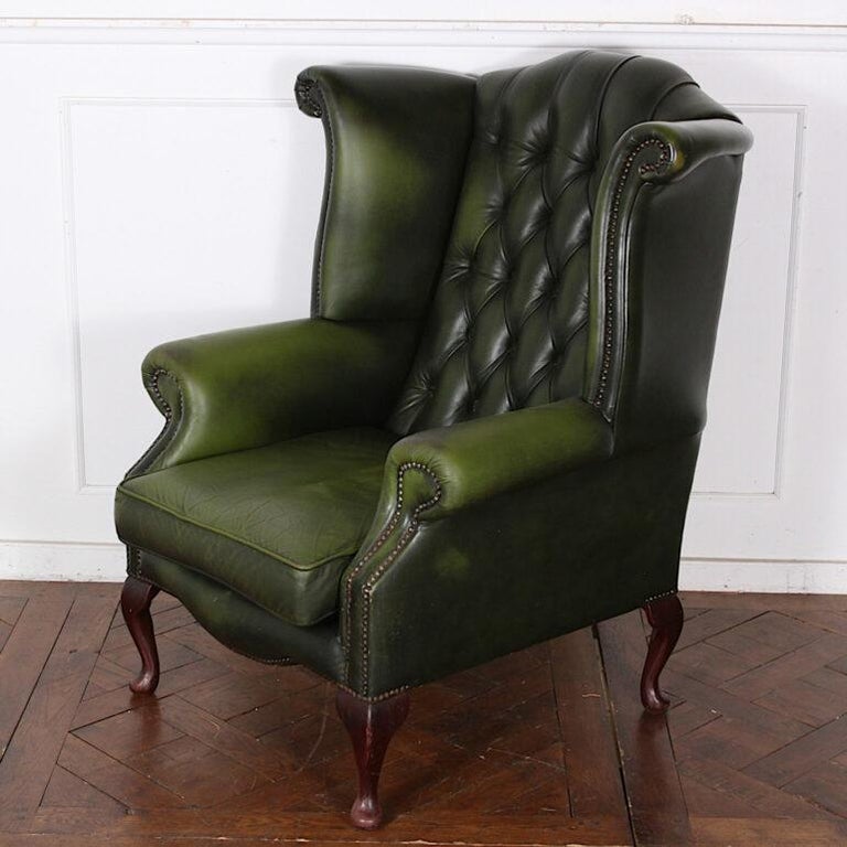 Vintage English Button Tufted Green Leather Wing Back Chair 1