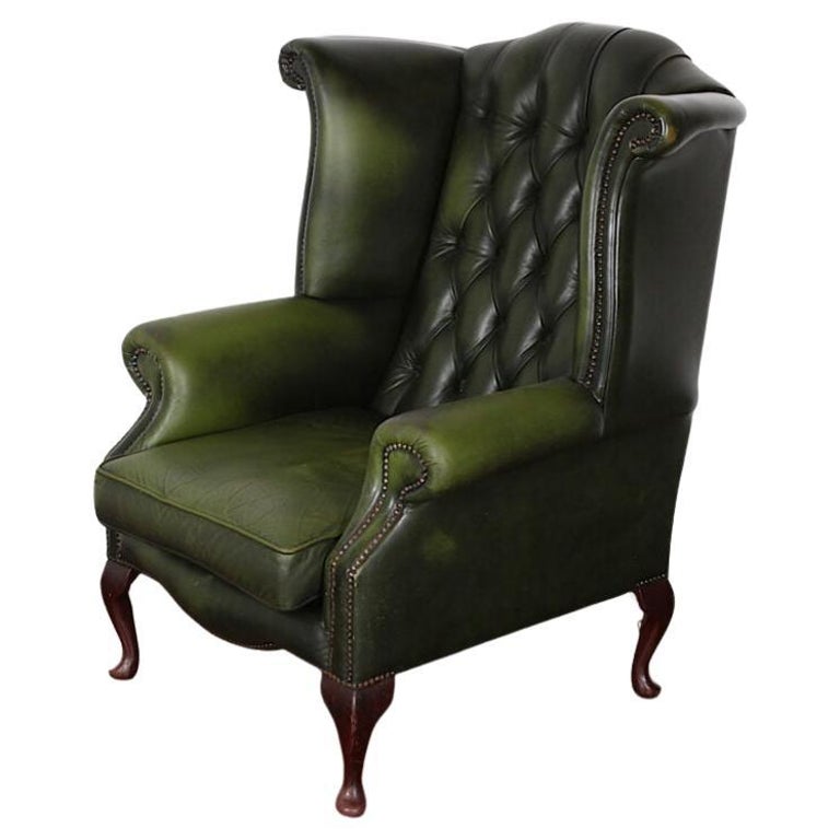 Vintage English Button Tufted Green Leather Wing Back Chair