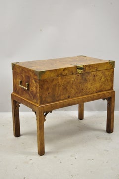 Vintage English Campaign Style Burl Wood & Brass Storage Trunk Chest Side Table