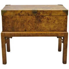 Vintage English Campaign Style Burl Wood & Brass Storage Trunk Chest Side Table