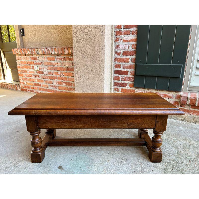 Vintage English Carved Oak Bench Stool Low Table Ottoman Jacobean Style 10