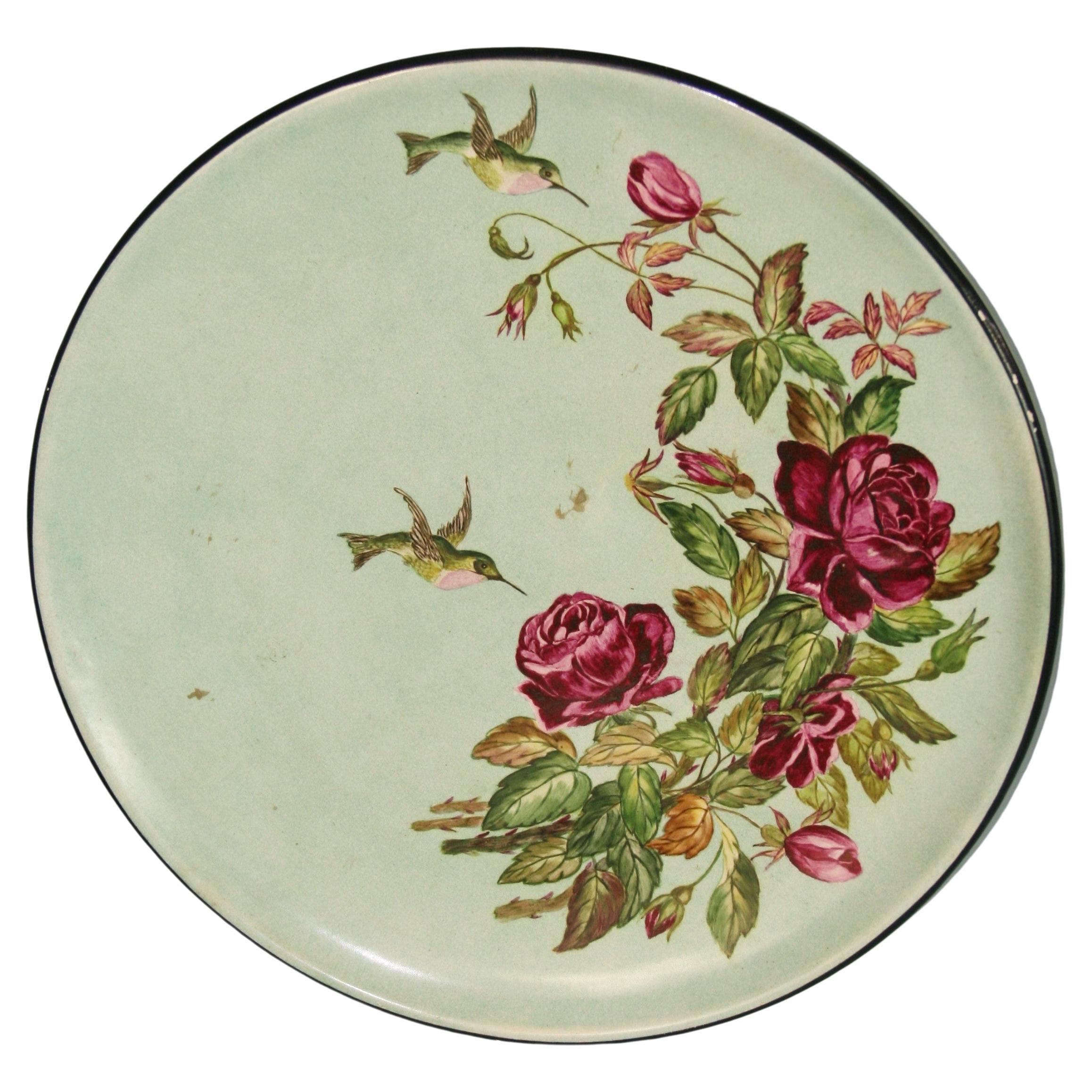 Vintage English   Ceramic  Charger with Humming Birds and Roses Decorations 1940 For Sale