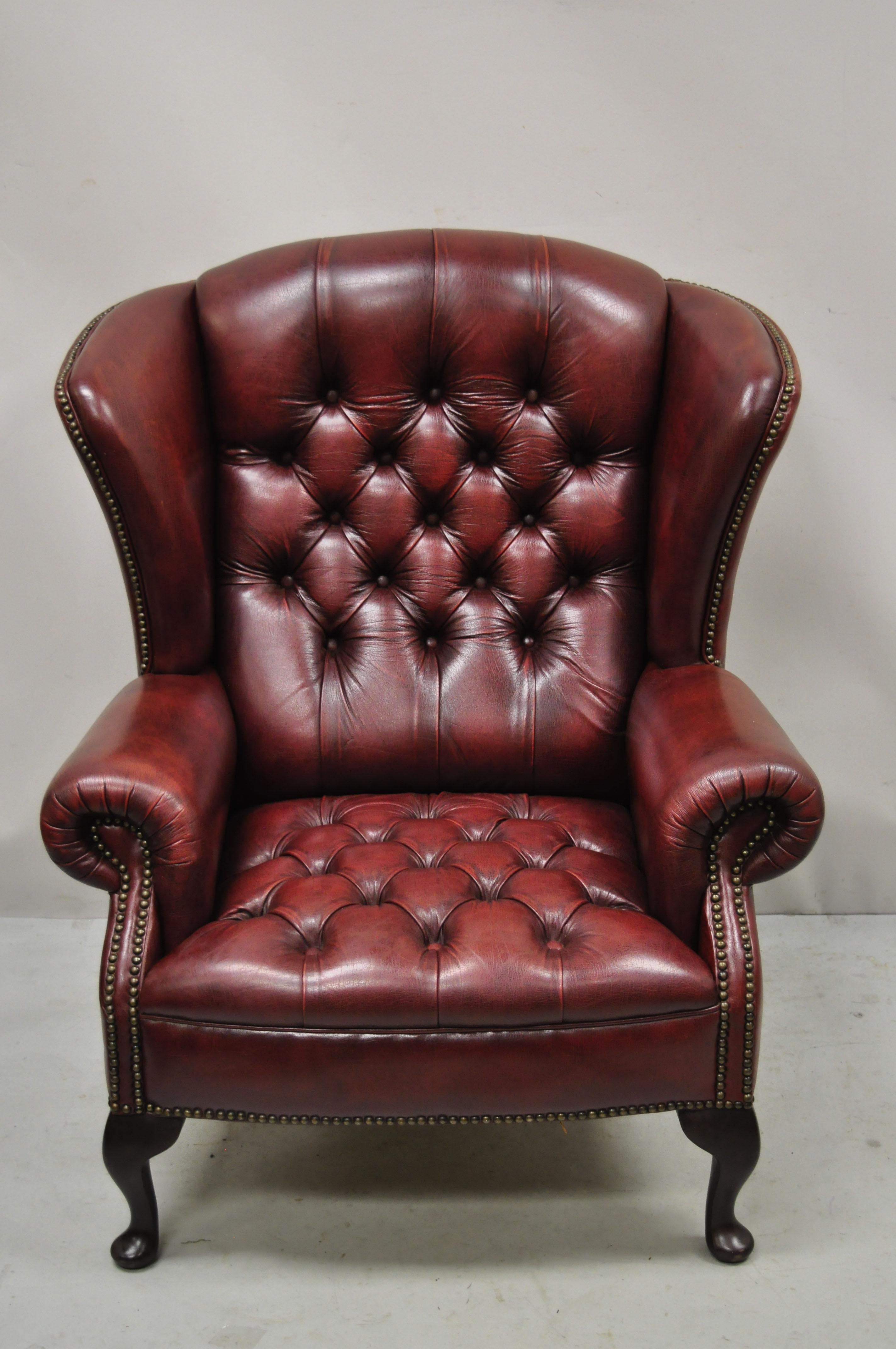 Vintage English Chesterfield Burgundy Leather Tufted Wingback Chair and Ottoman 4