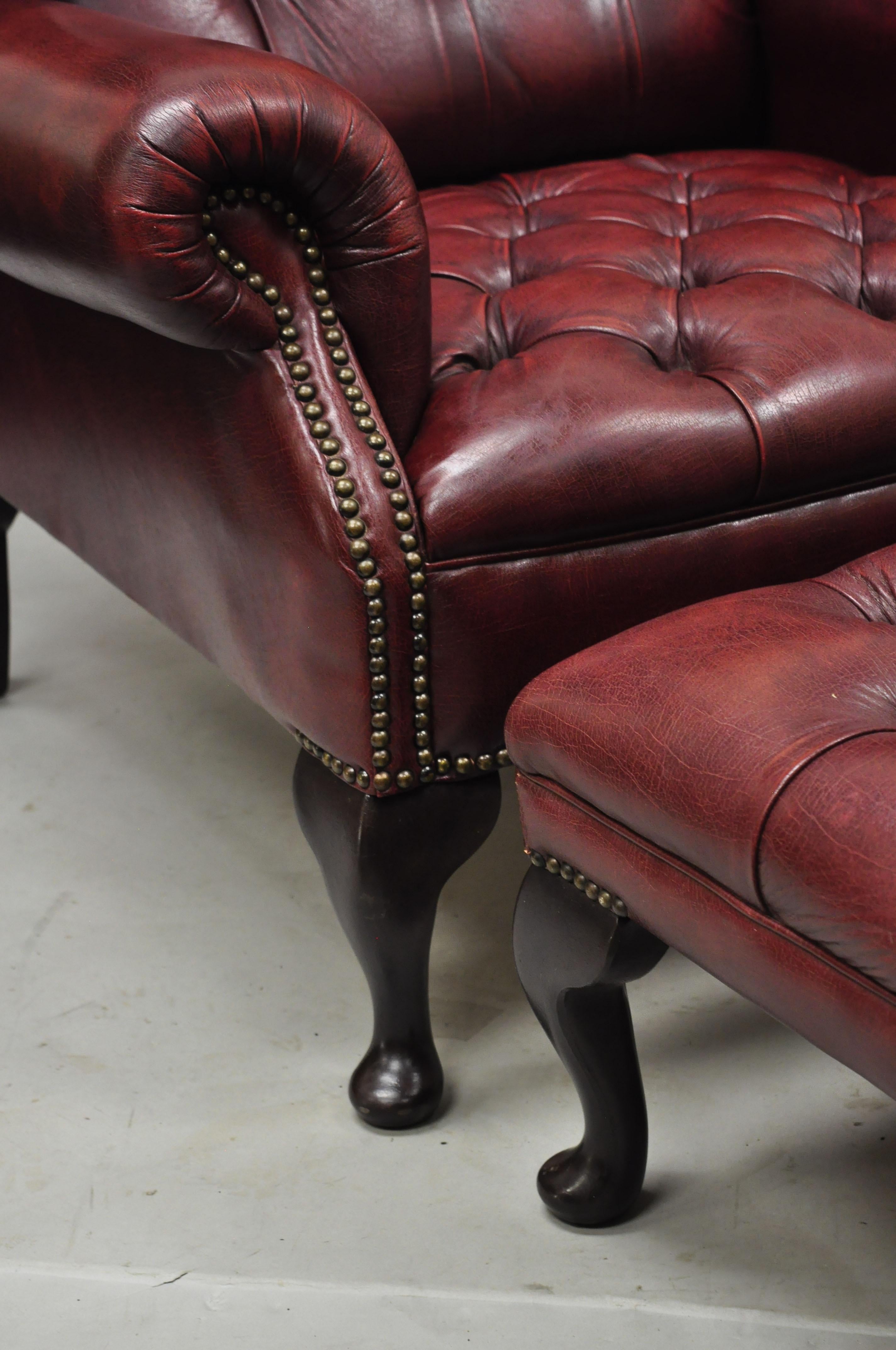 20th Century Vintage English Chesterfield Burgundy Leather Tufted Wingback Chair and Ottoman