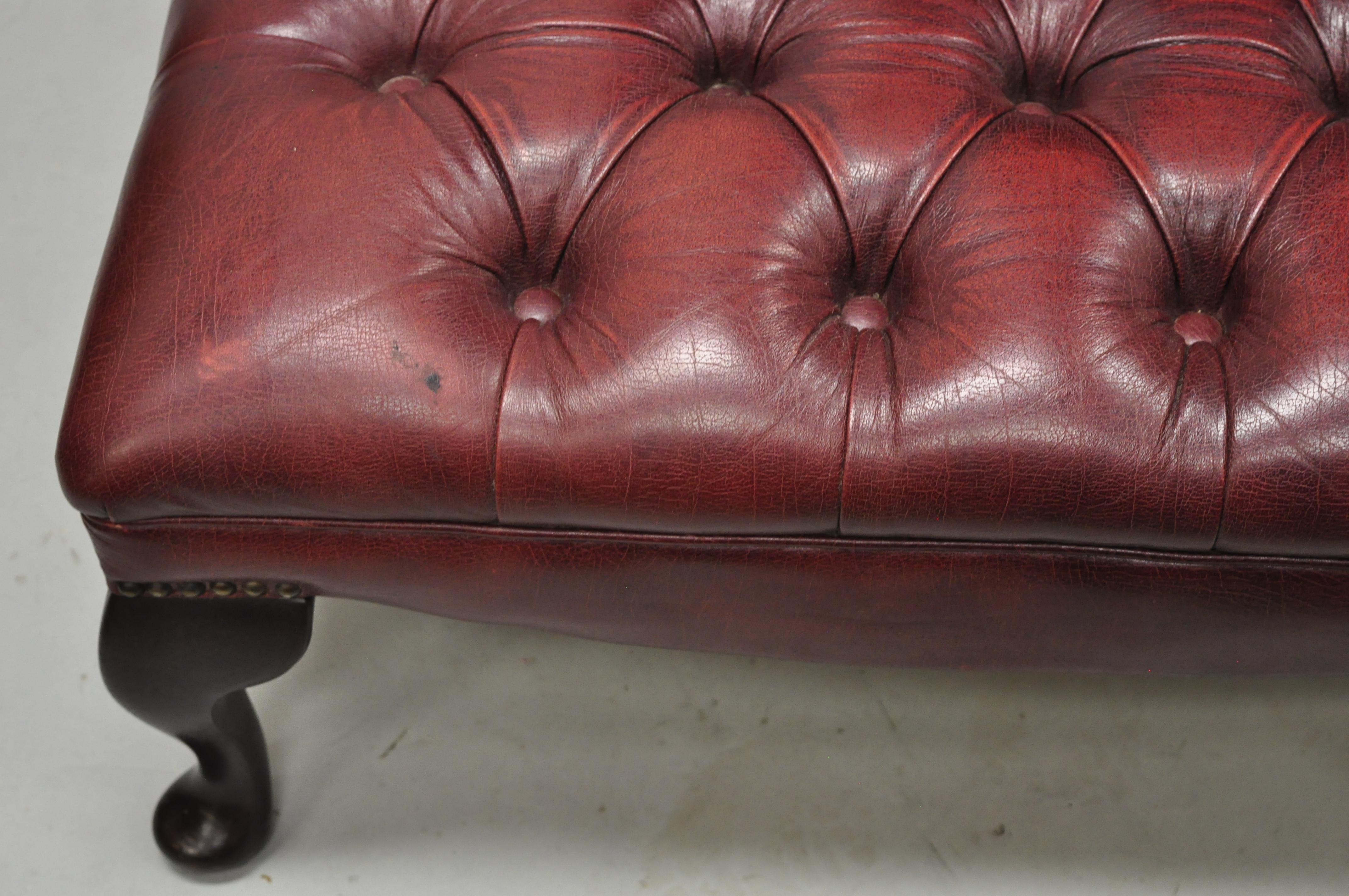 Vintage English Chesterfield Burgundy Leather Tufted Wingback Chair and Ottoman 1