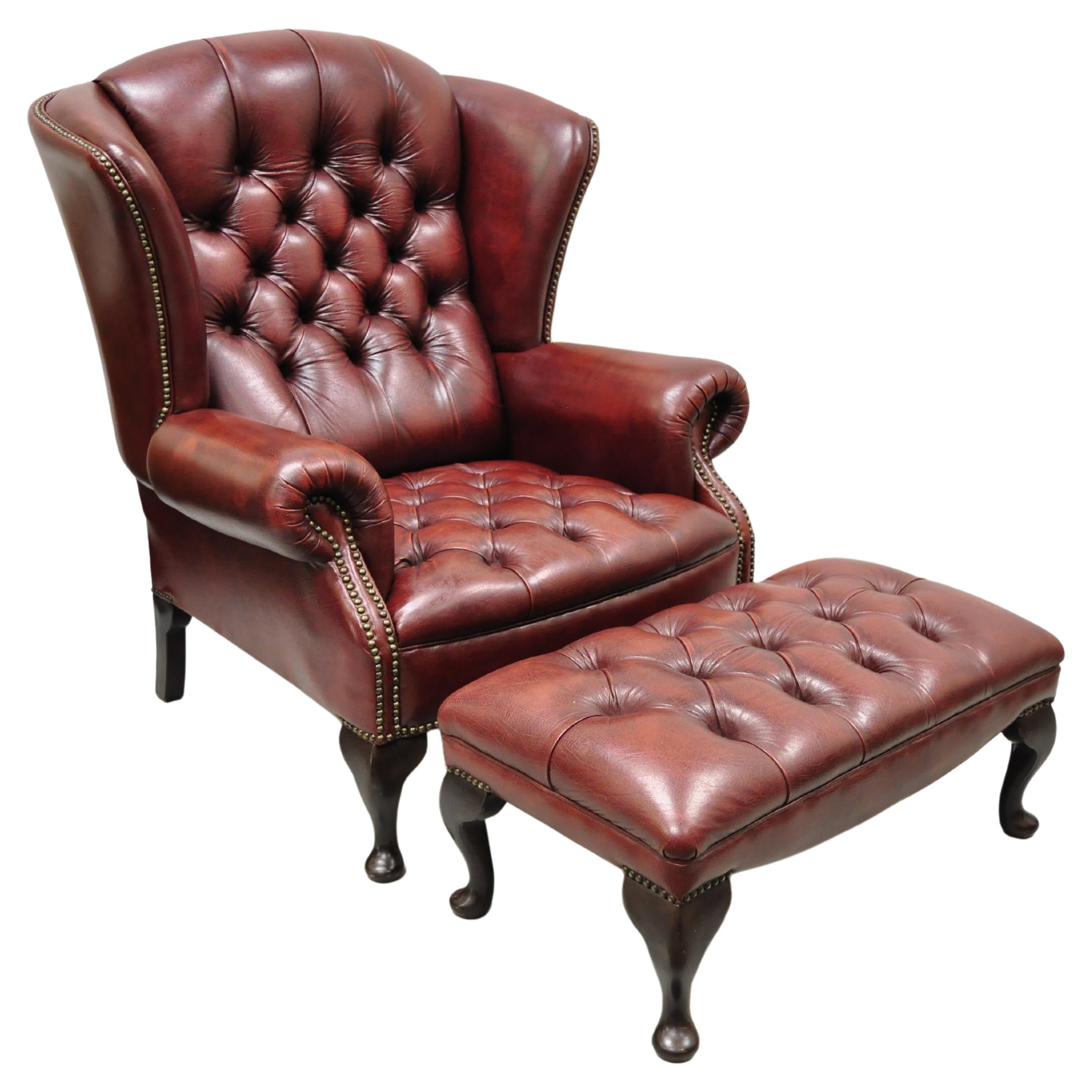 Vintage English Chesterfield Burgundy Leather Tufted Wingback Chair and Ottoman