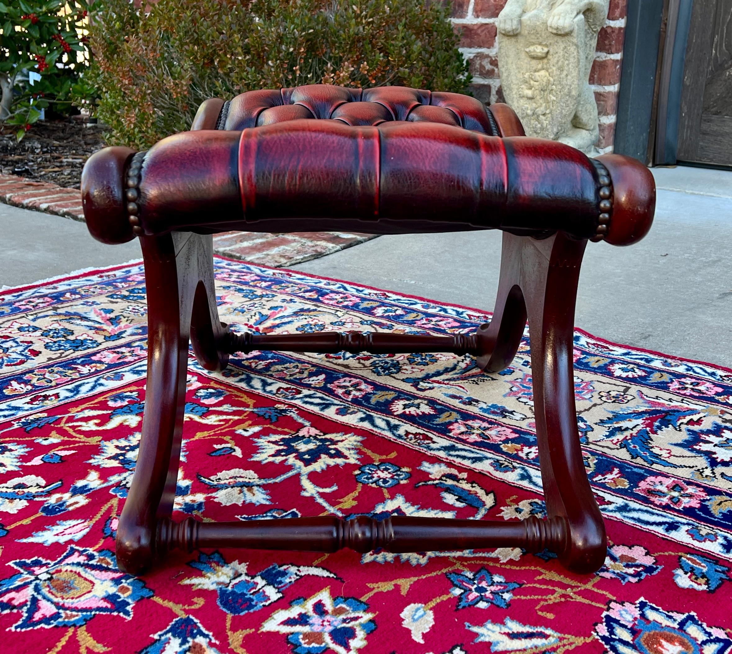 Vintage English Chesterfield Foot Stool Leather Small Bench Tufted Red Oxblood 6