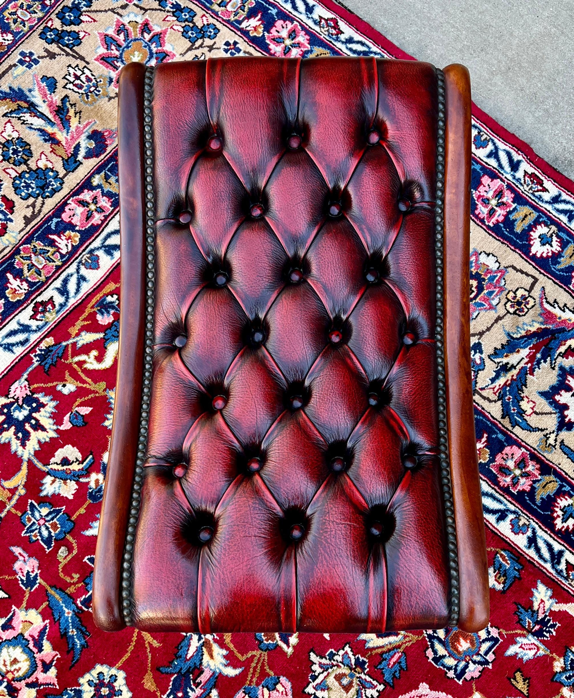 Vintage English Chesterfield Foot Stool Leather Small Bench Tufted Red Oxblood 7