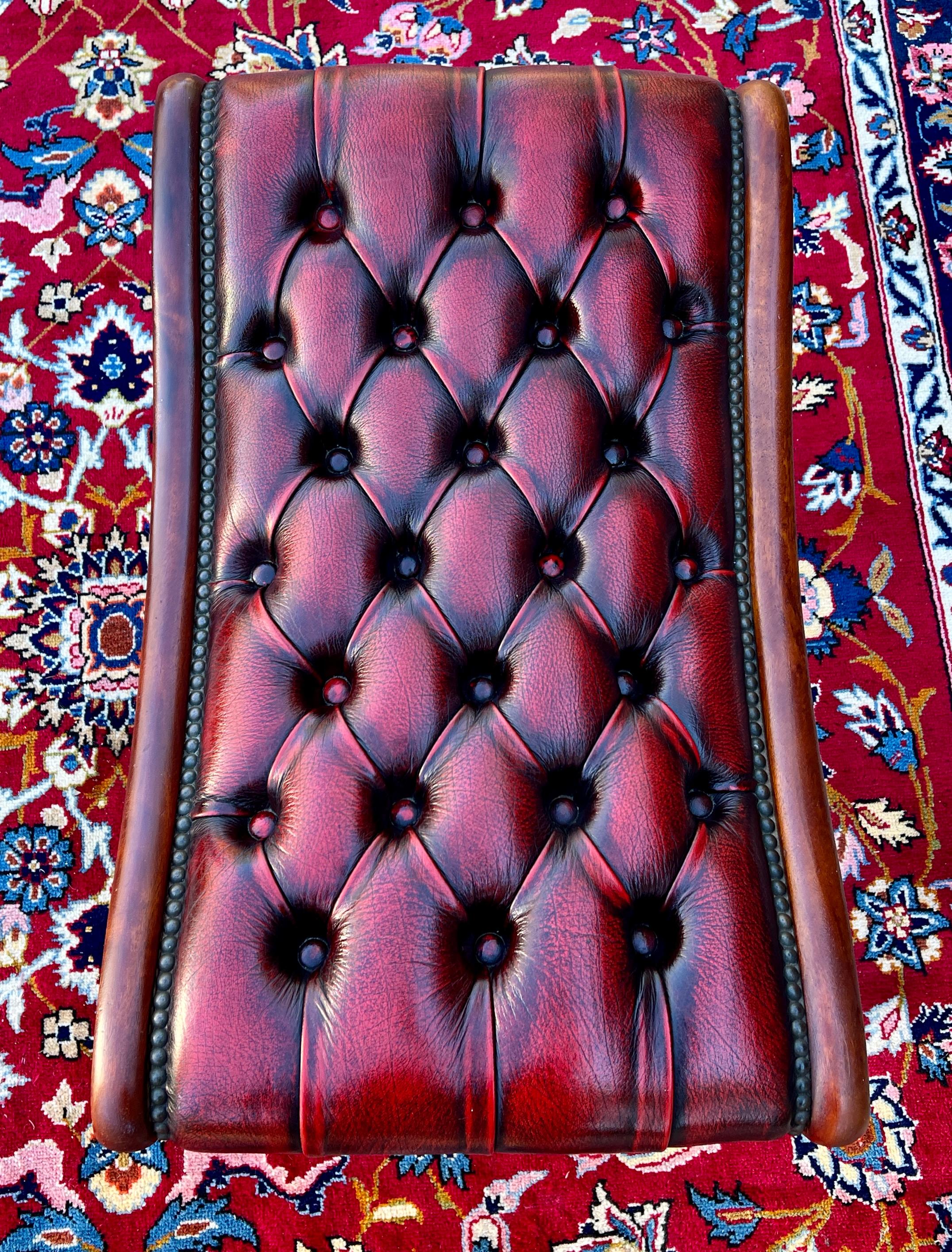Carved Vintage English Chesterfield Foot Stool Leather Small Bench Tufted Red Oxblood