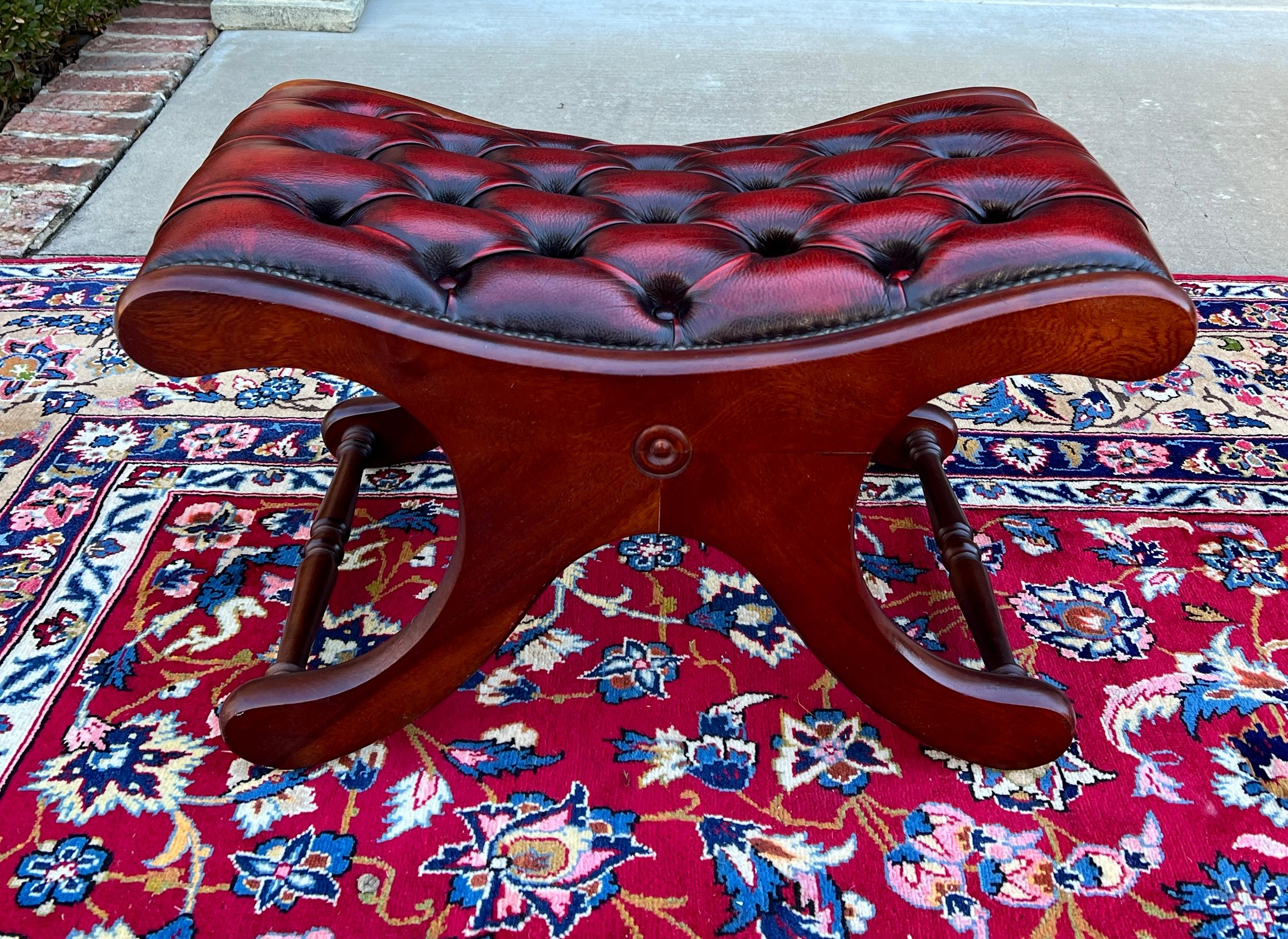 Vintage English Chesterfield Foot Stool Leather Small Bench Tufted Red Oxblood 3