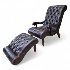 Vintage English Chesterfield Leather And Mahogany Lounge And Ottoman
