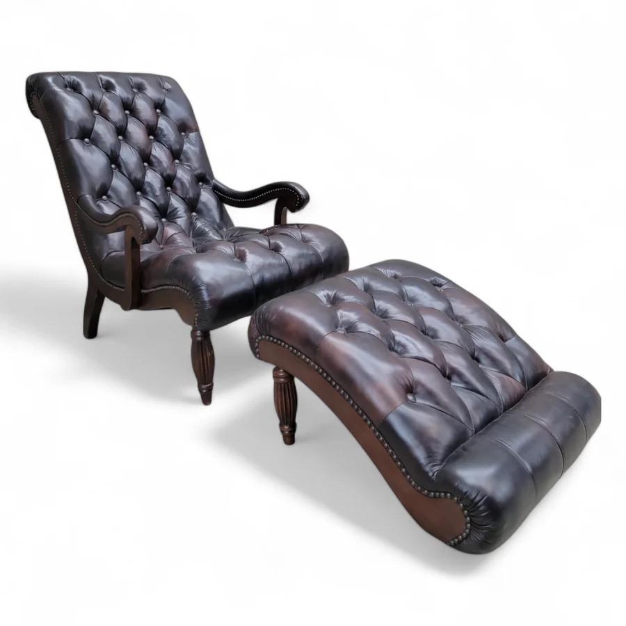 Englische Chesterfield-Lounge- und Ottomane aus Leder und Mahagoni im Vintage-Stil im Angebot 2