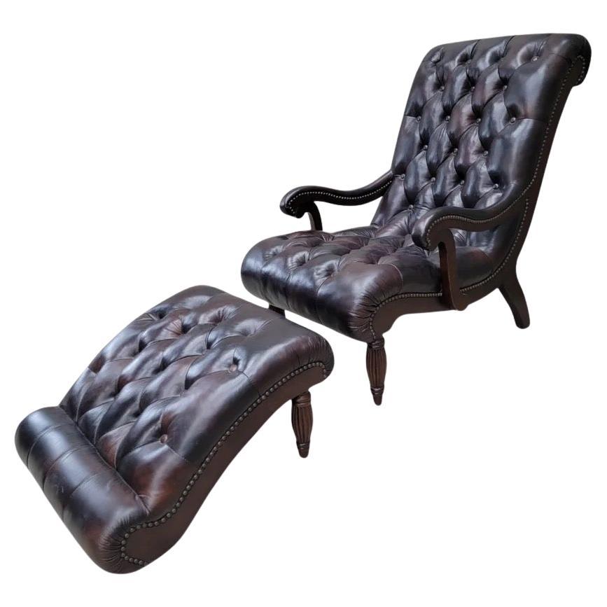 Vintage English Chesterfield Leather And Mahogany Lounge And Ottoman