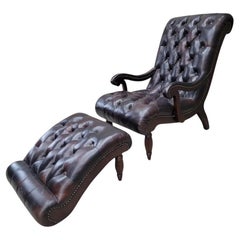 Vintage English Chesterfield Leather And Mahogany Lounge And Ottoman