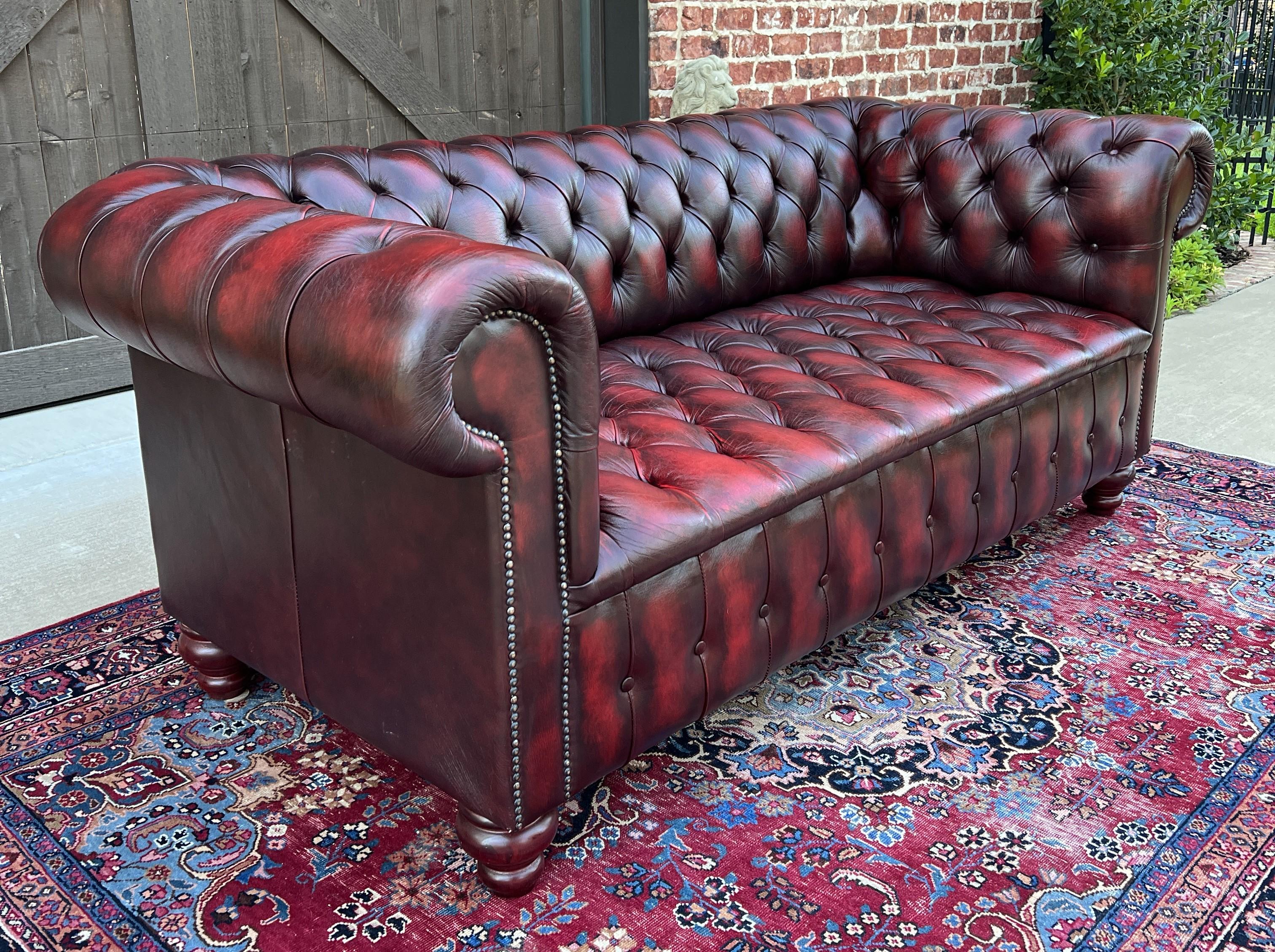 Vintage English Chesterfield Leather Sofa Tufted Seat Oxblood Red Mid-Century #2 3