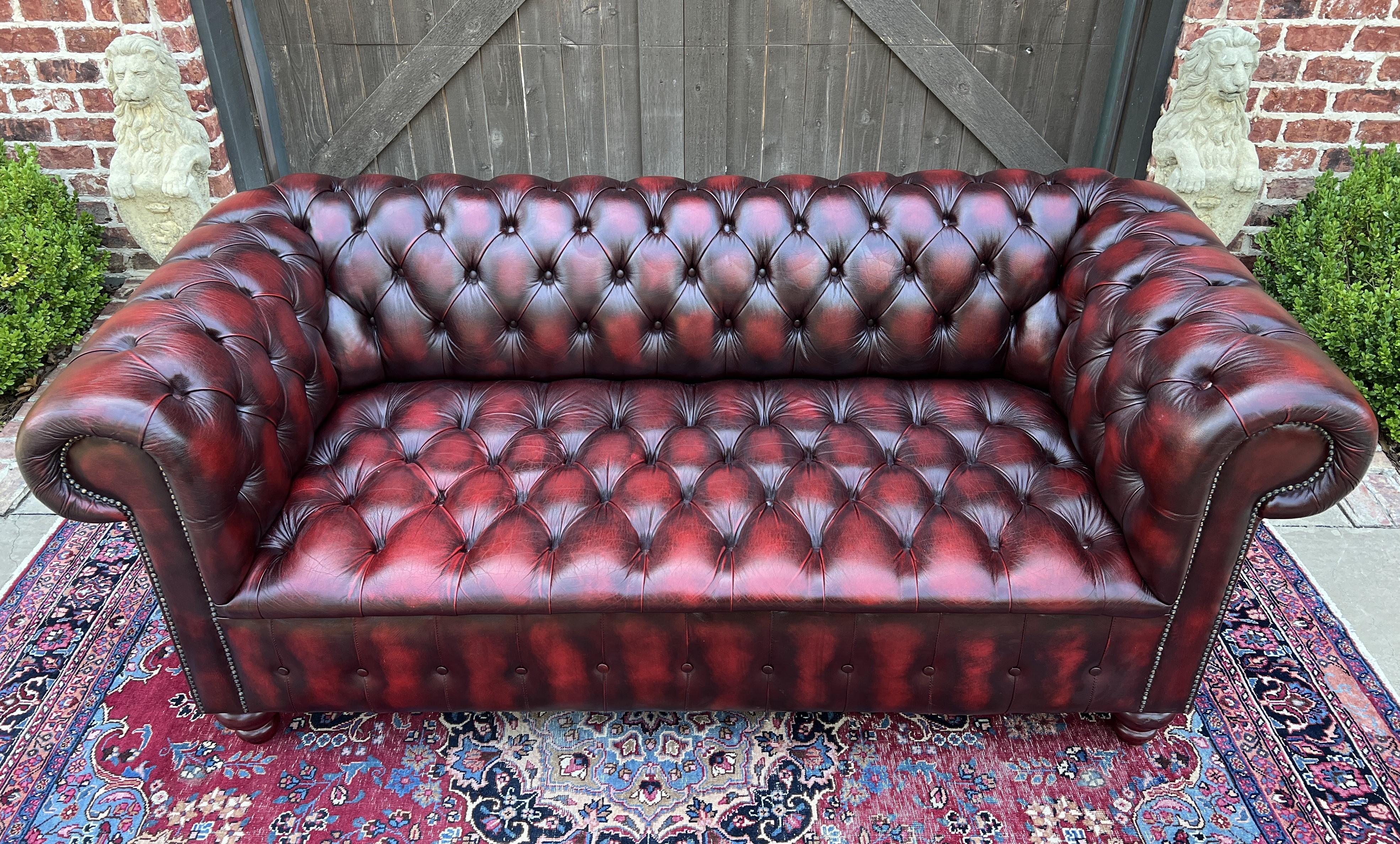 Vintage English Chesterfield Leather Sofa Tufted Seat Oxblood Red Mid-Century #2 6