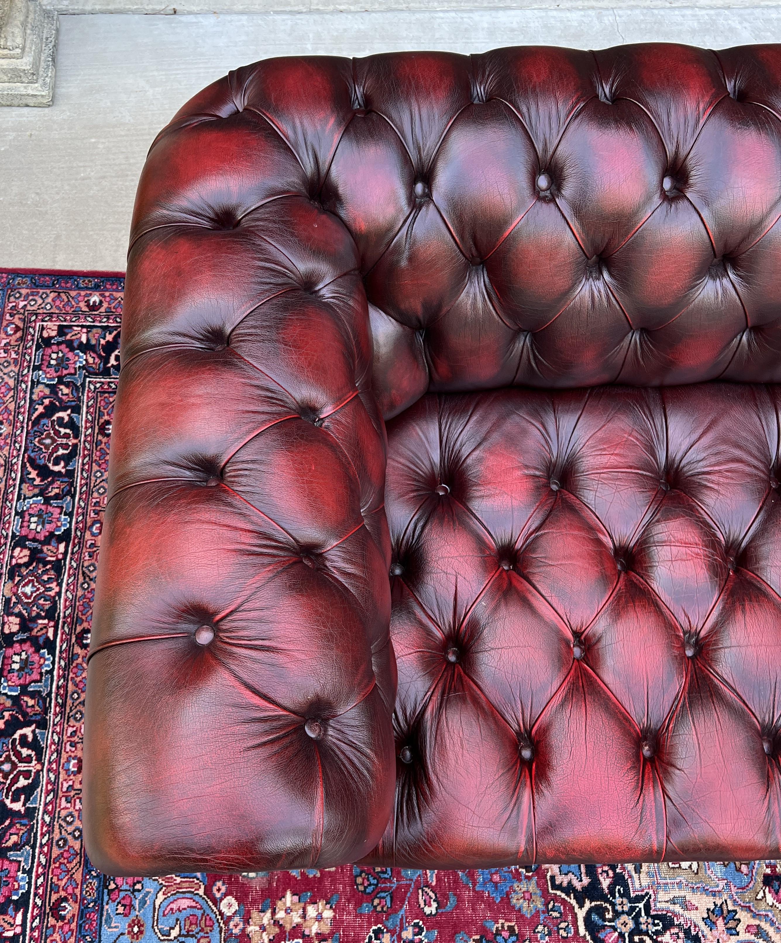 Vintage English Chesterfield Leather Sofa Tufted Seat Oxblood Red Mid-Century #2 7