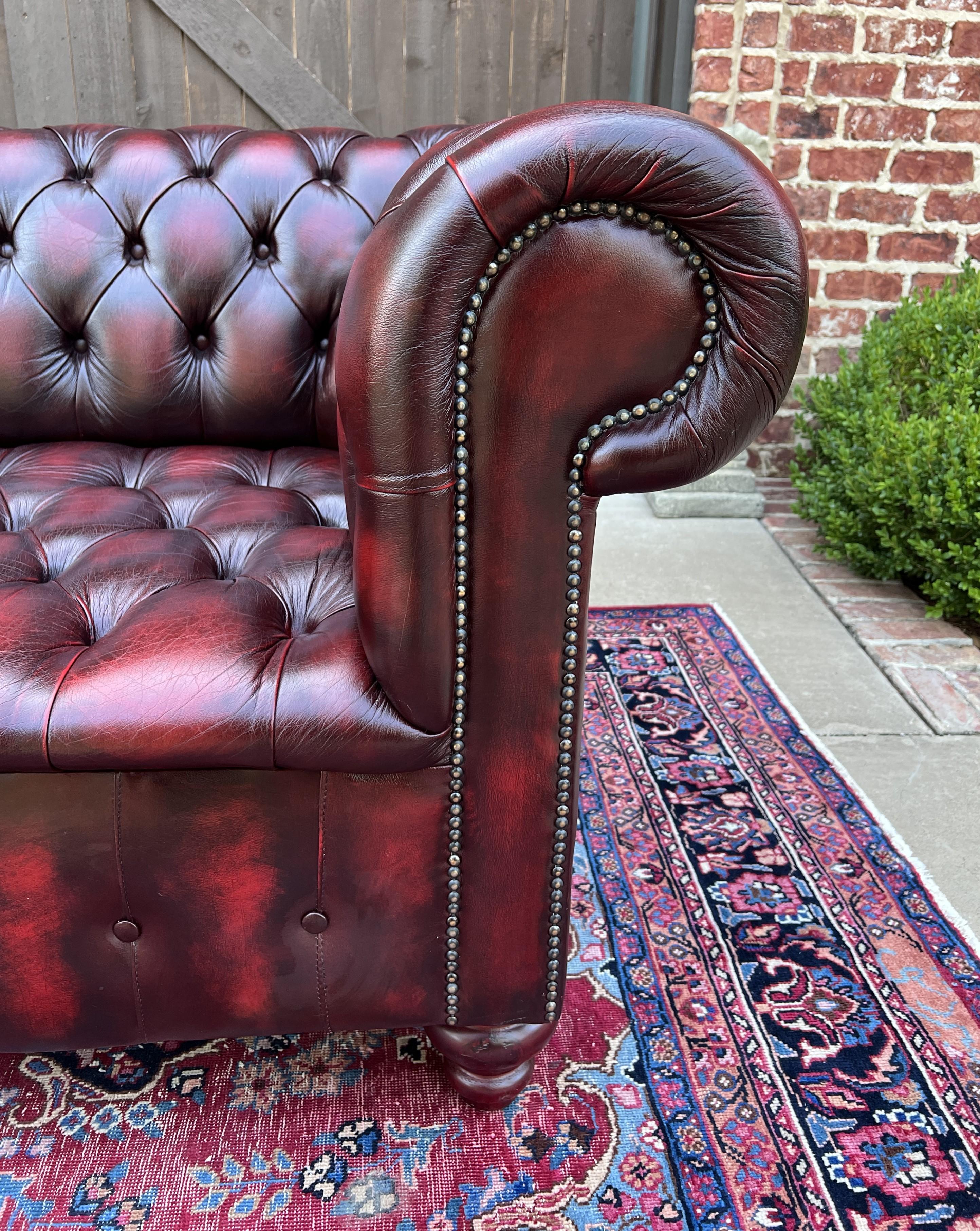 Vintage English Chesterfield Leather Sofa Tufted Seat Oxblood Red Mid-Century #2 9