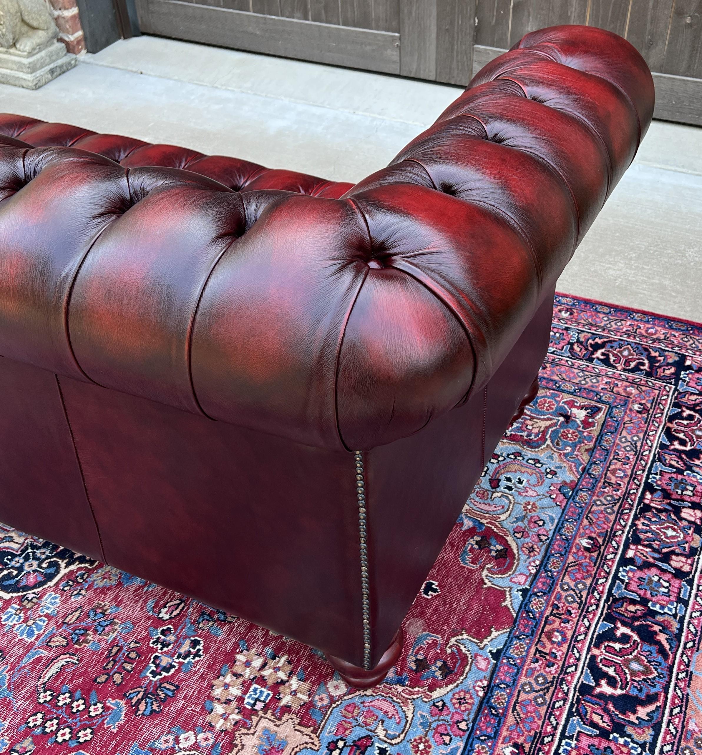 Vintage English Chesterfield Leather Sofa Tufted Seat Oxblood Red Mid-Century #2 12