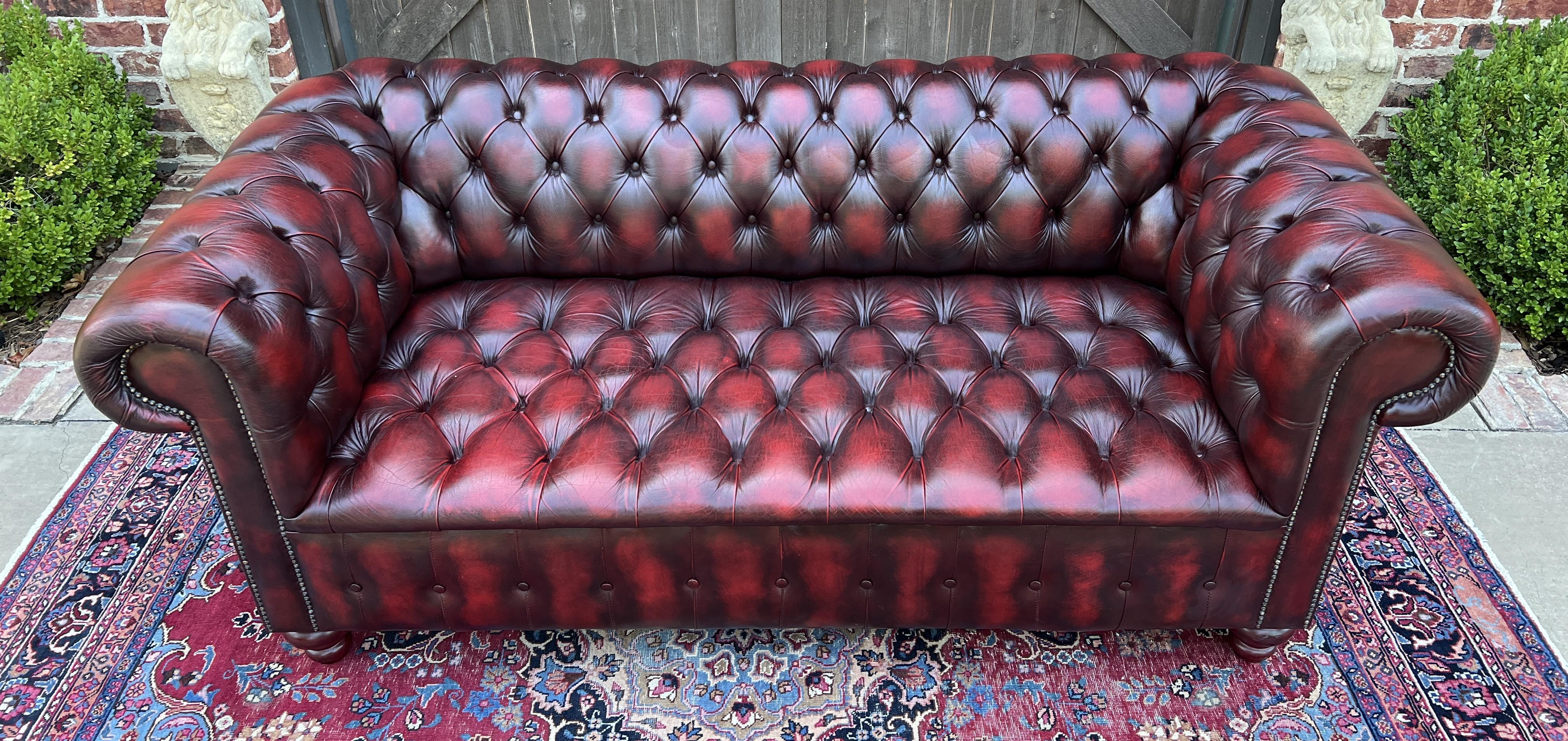 20th Century Vintage English Chesterfield Leather Sofa Tufted Seat Oxblood Red Mid-Century #2