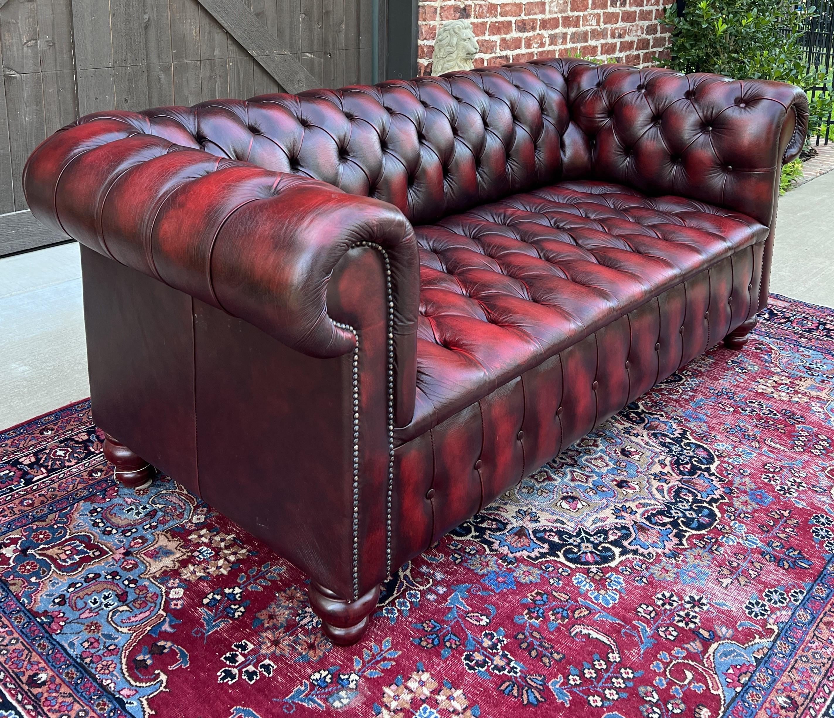 Vintage English Chesterfield Leather Sofa Tufted Seat Oxblood Red Mid-Century #2 1