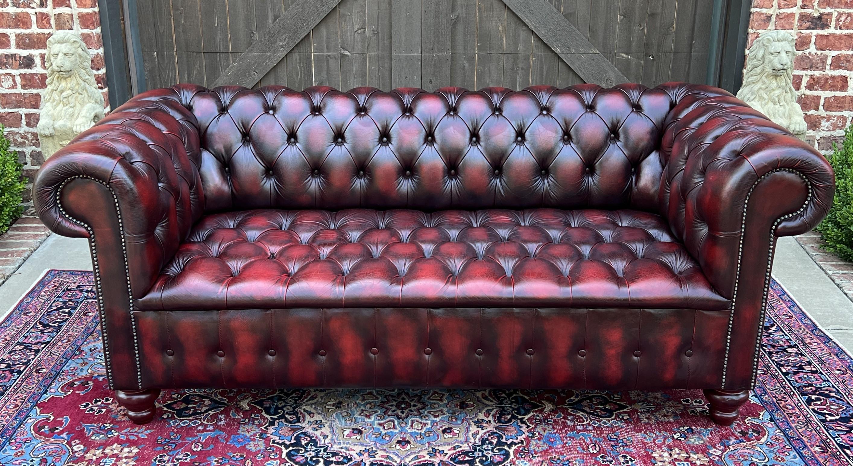 Vintage English Chesterfield Leather Sofa Tufted Seat Oxblood Red Mid-Century #2 2