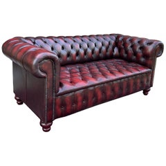 Vintage English Chesterfield Leather Sofa Tufted Seat Oxblood Red Mid-Century #2