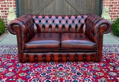 Vintage English Chesterfield Leather Tufted Love Seat Sofa Oxblood Red #1