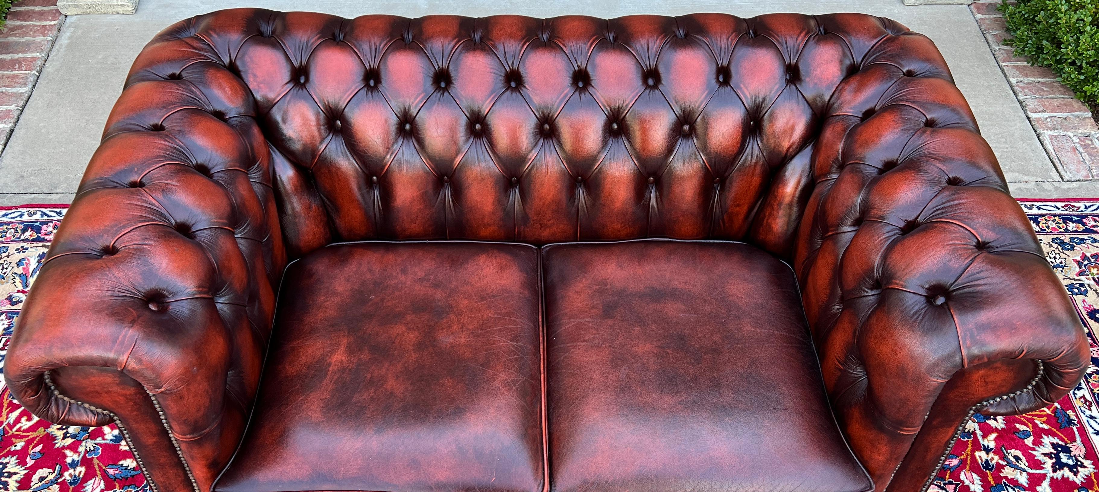 Vintage English Chesterfield Leather Tufted Love Seat Sofa Oxblood Red #2 12