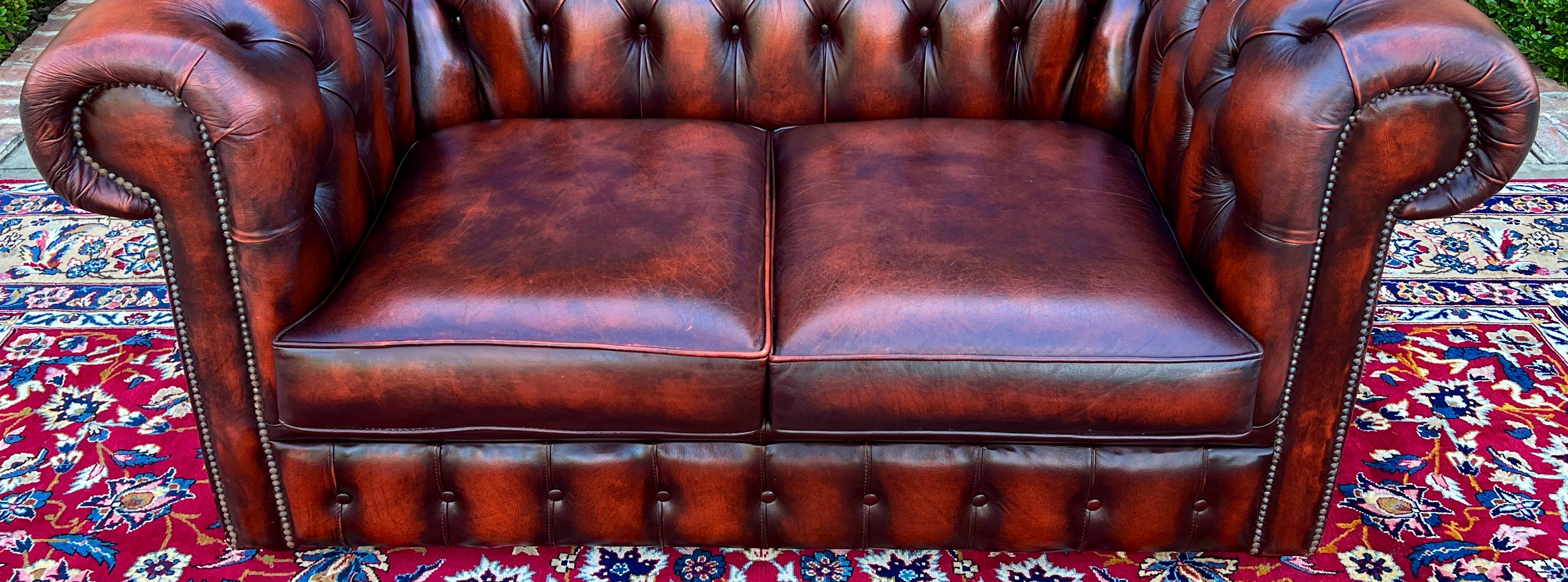 Vintage English Chesterfield Leather Tufted Love Seat Sofa Oxblood Red #2 For Sale 14