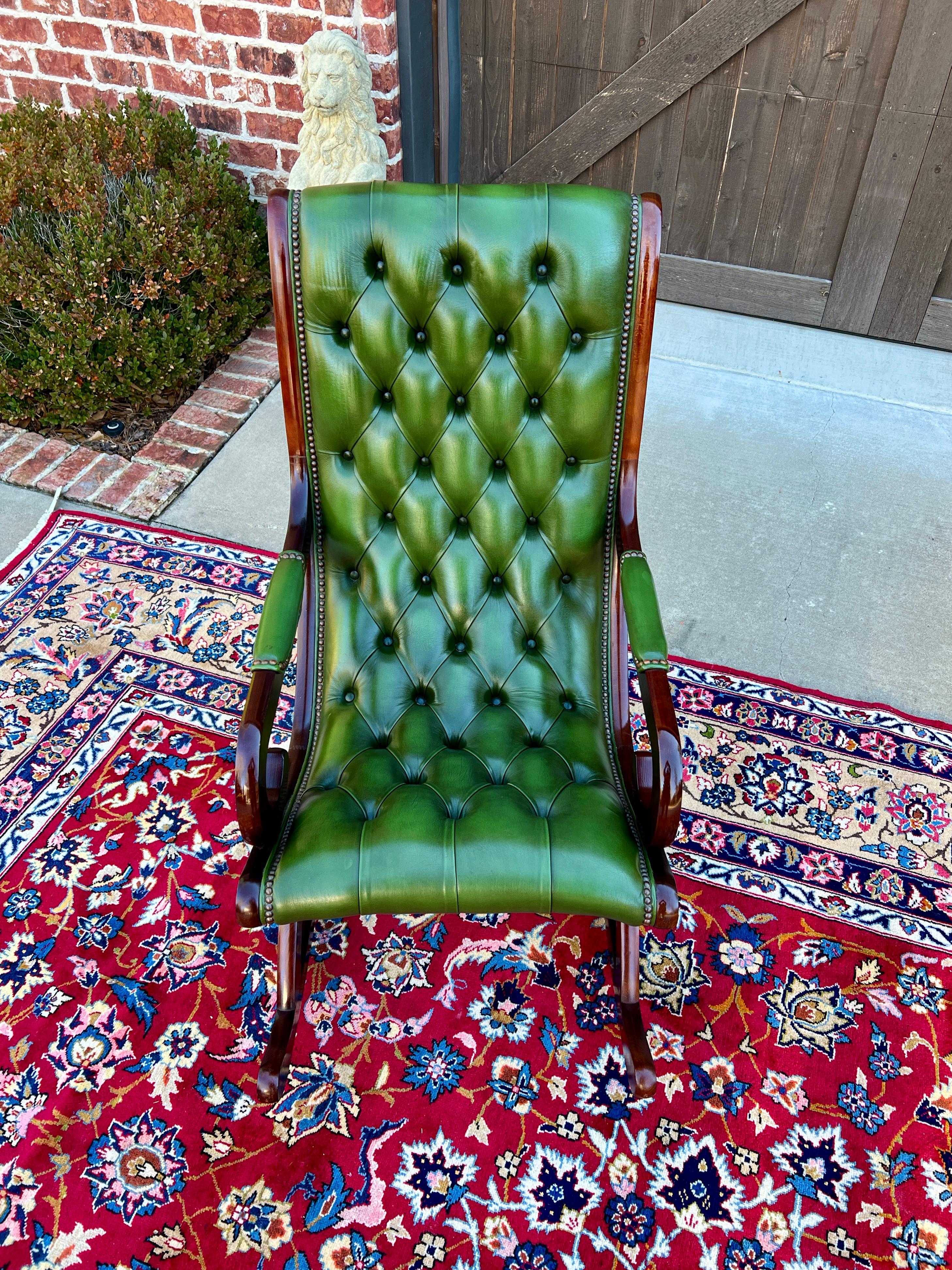 Vintage English Chesterfield Leather Tufted Rocking Chair Oak Green Mid Century 7