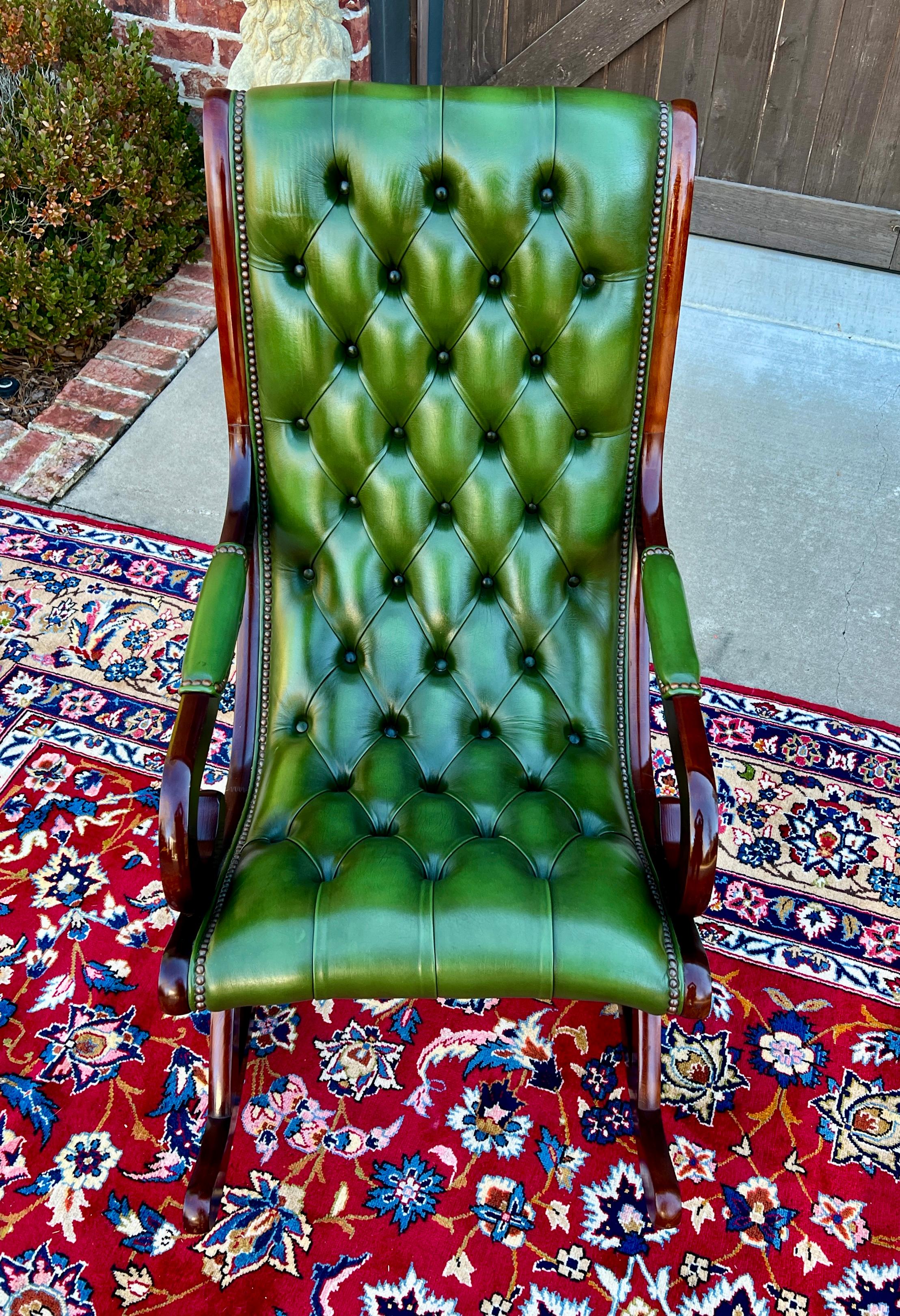 Vintage English Chesterfield Leather Tufted Rocking Chair Oak Green Mid Century 8