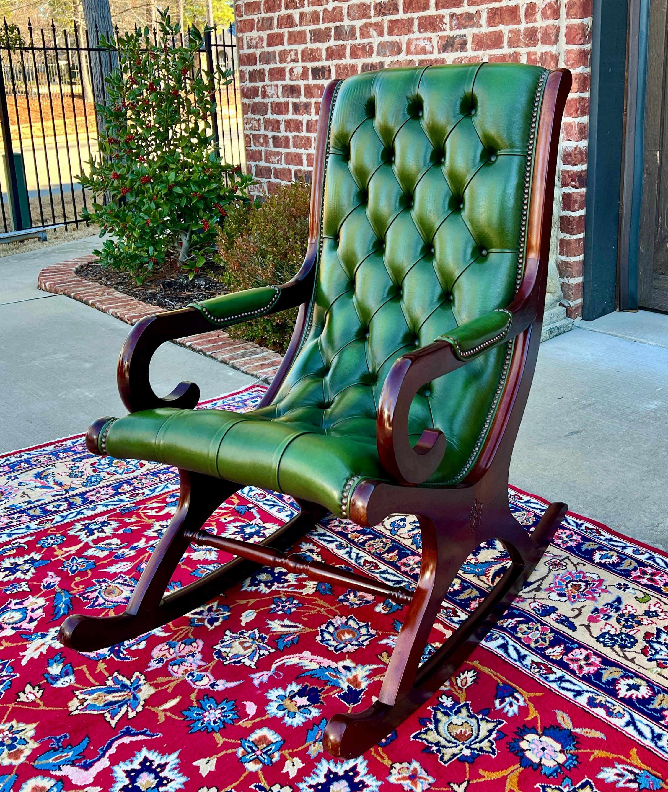 Vintage English Chesterfield Leather Tufted Rocking Chair Oak Green Mid Century 9