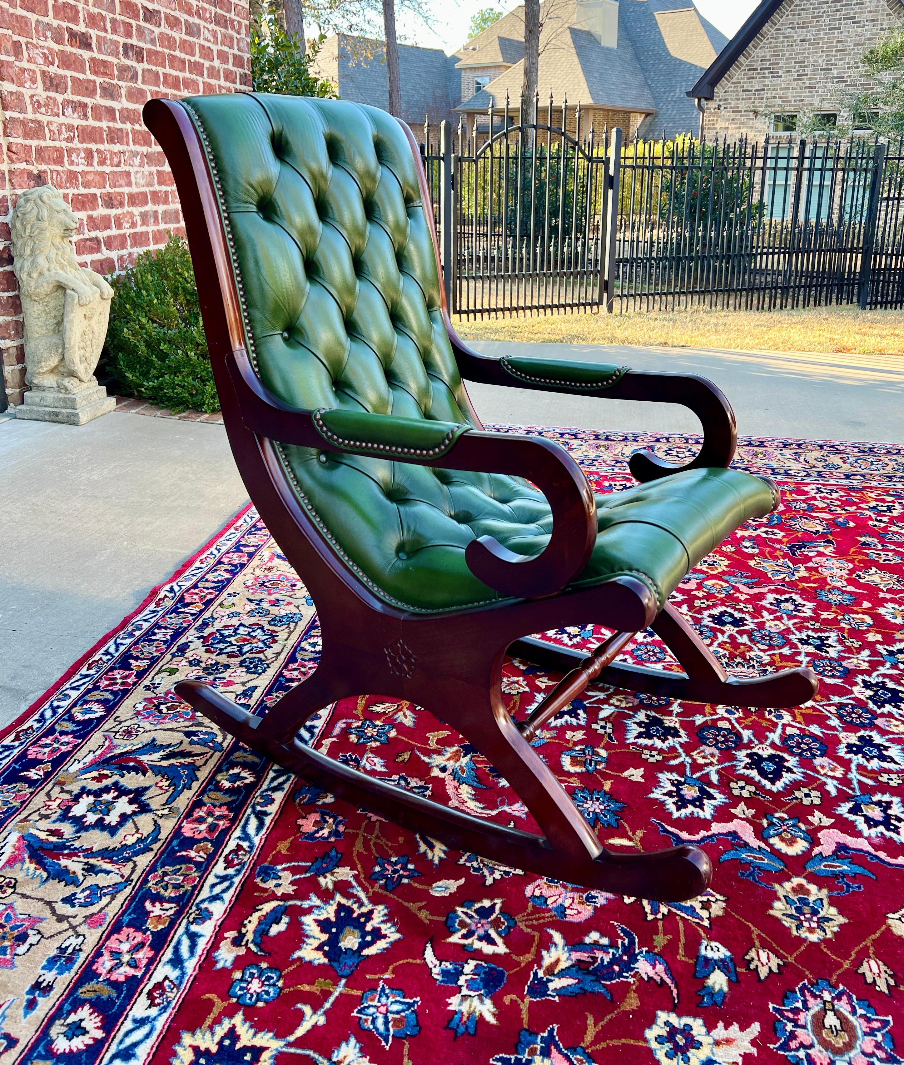 Vintage English Chesterfield Leather Tufted Rocking Chair Oak Green Mid Century 14