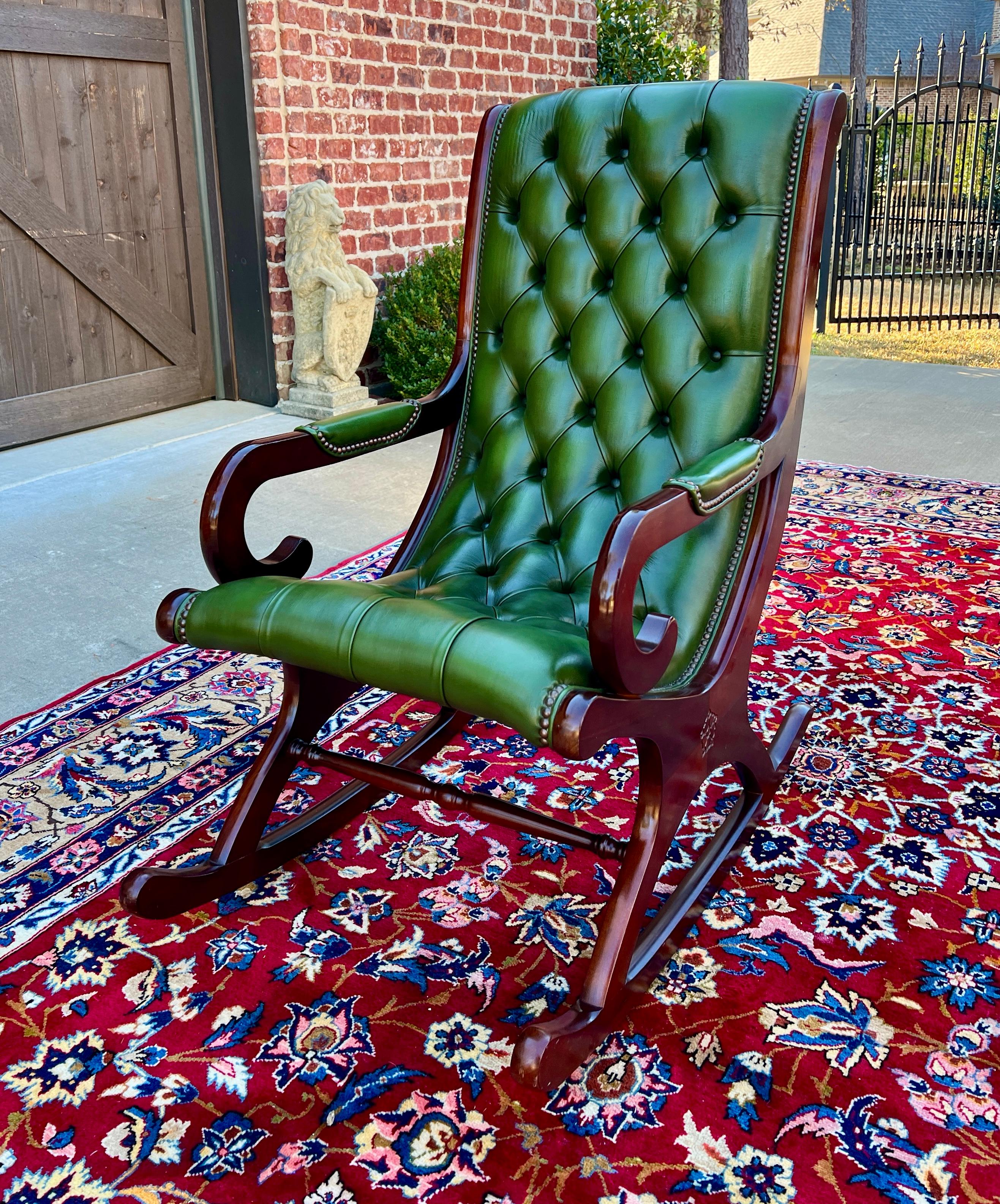 Vintage English Chesterfield Leather Tufted Rocking Chair Oak Green Mid Century 15