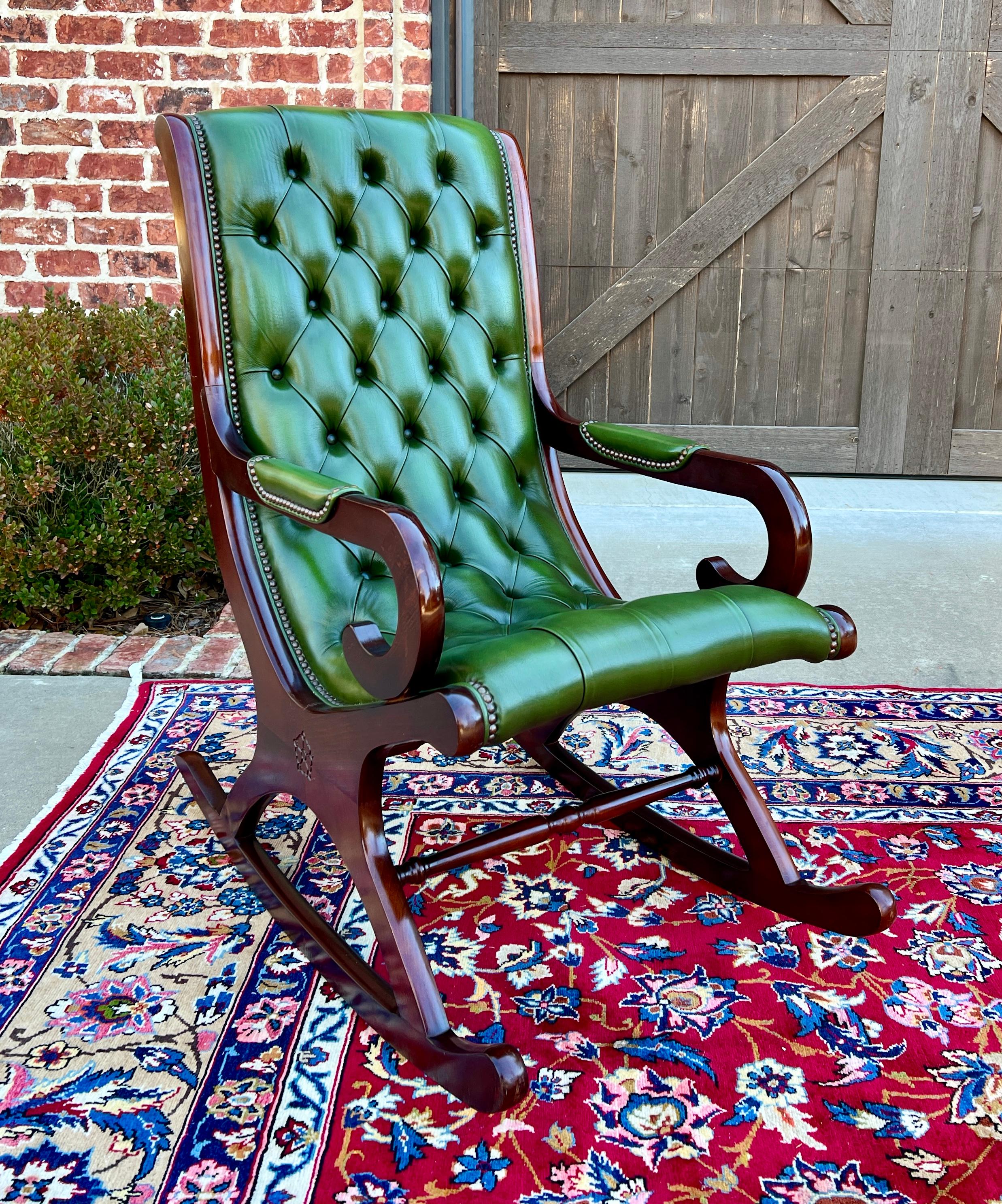 TIMELESS Vintage Mid-Century English Green Leather Tufted Seat CHESTERFIELD Rocking Chair

PERFECT ICONIC look for a gentleman's office, study, library, or cigar lounge~~upholstery is green in color~~timeless traditional style!

A commanding