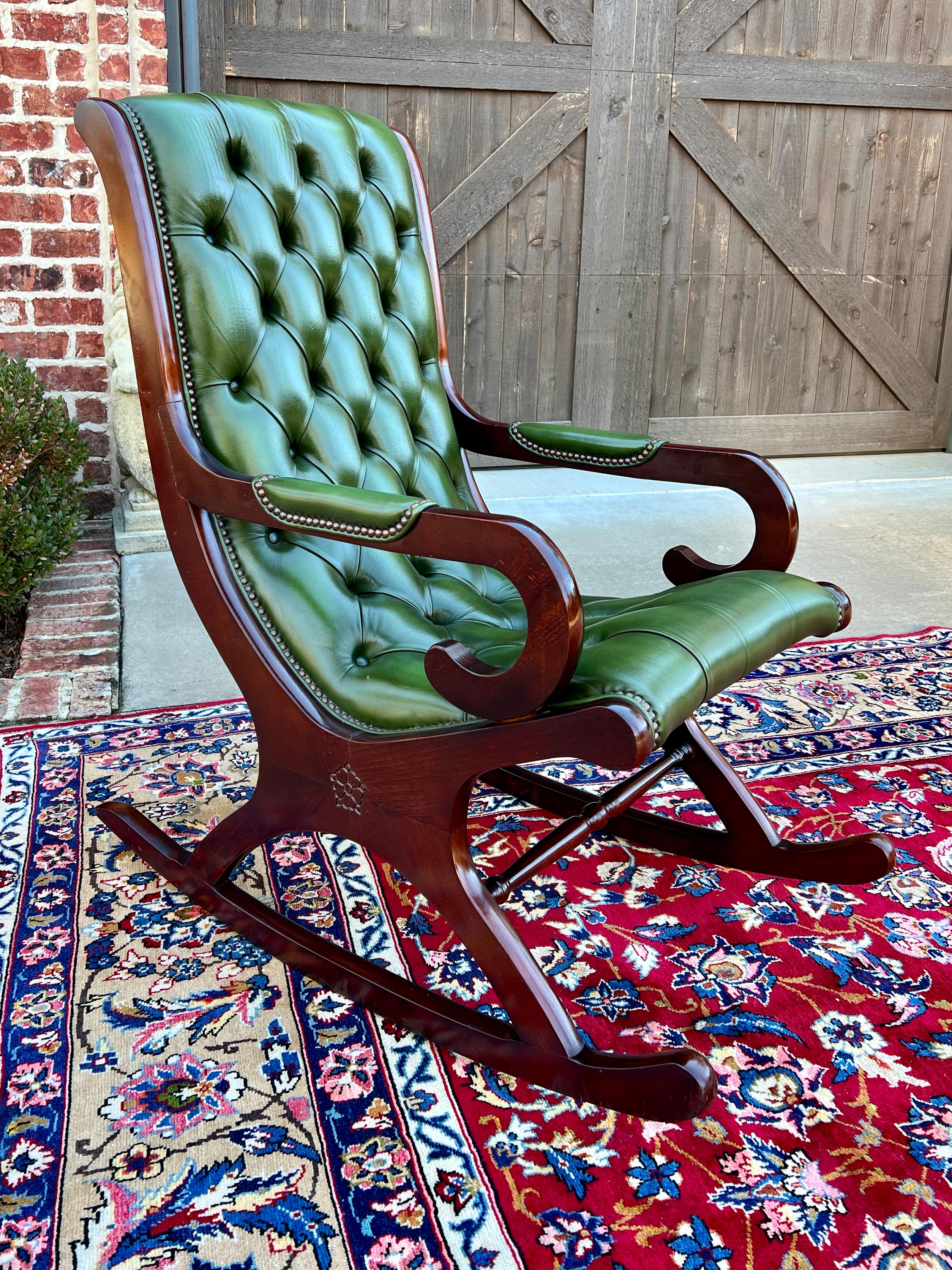 Vintage English Chesterfield Leather Tufted Rocking Chair Oak Green Mid Century In Good Condition In Tyler, TX